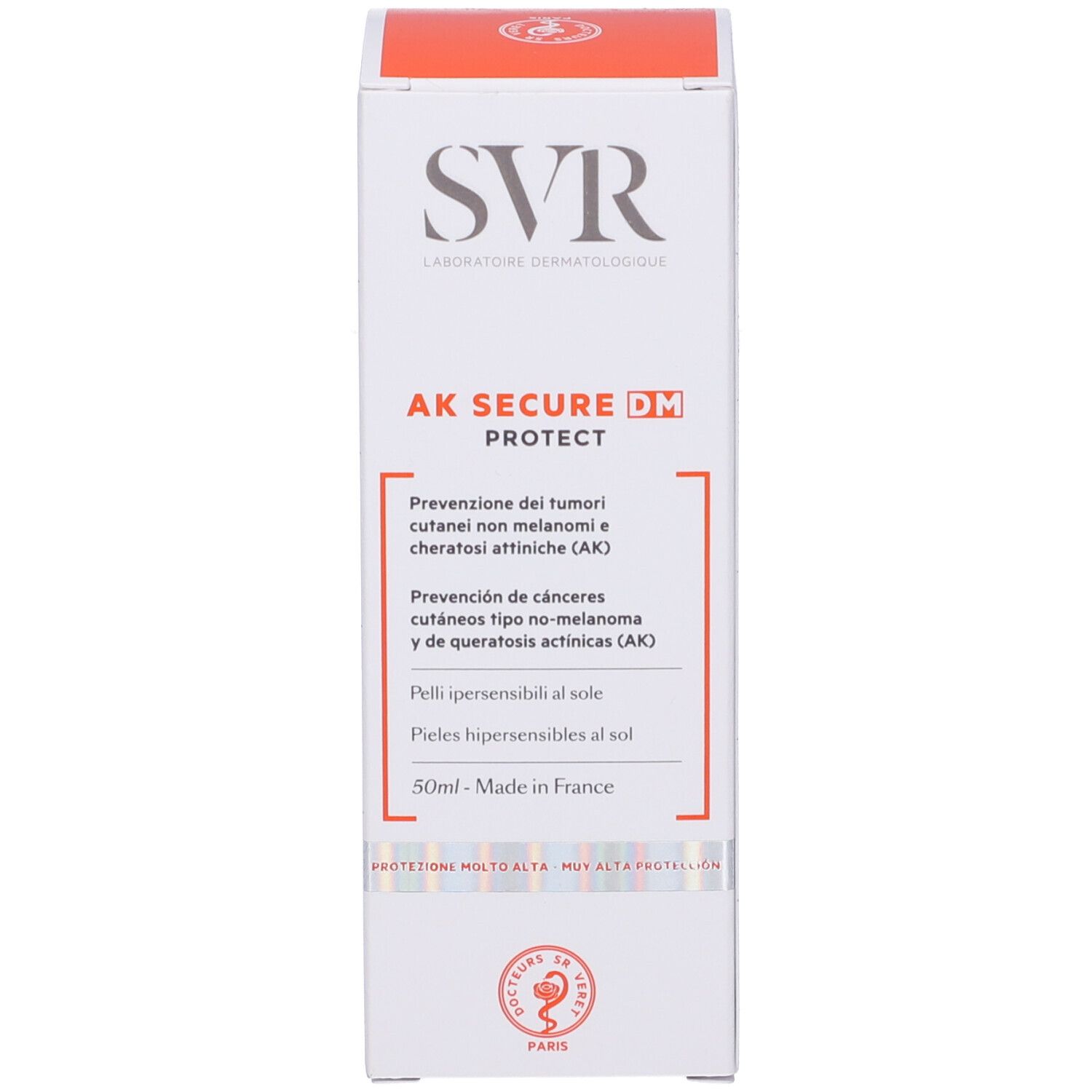Confezione del prodotto: scatola. Scritte: SVR, AK SECURE DM PROTECT. Testo multilingue.