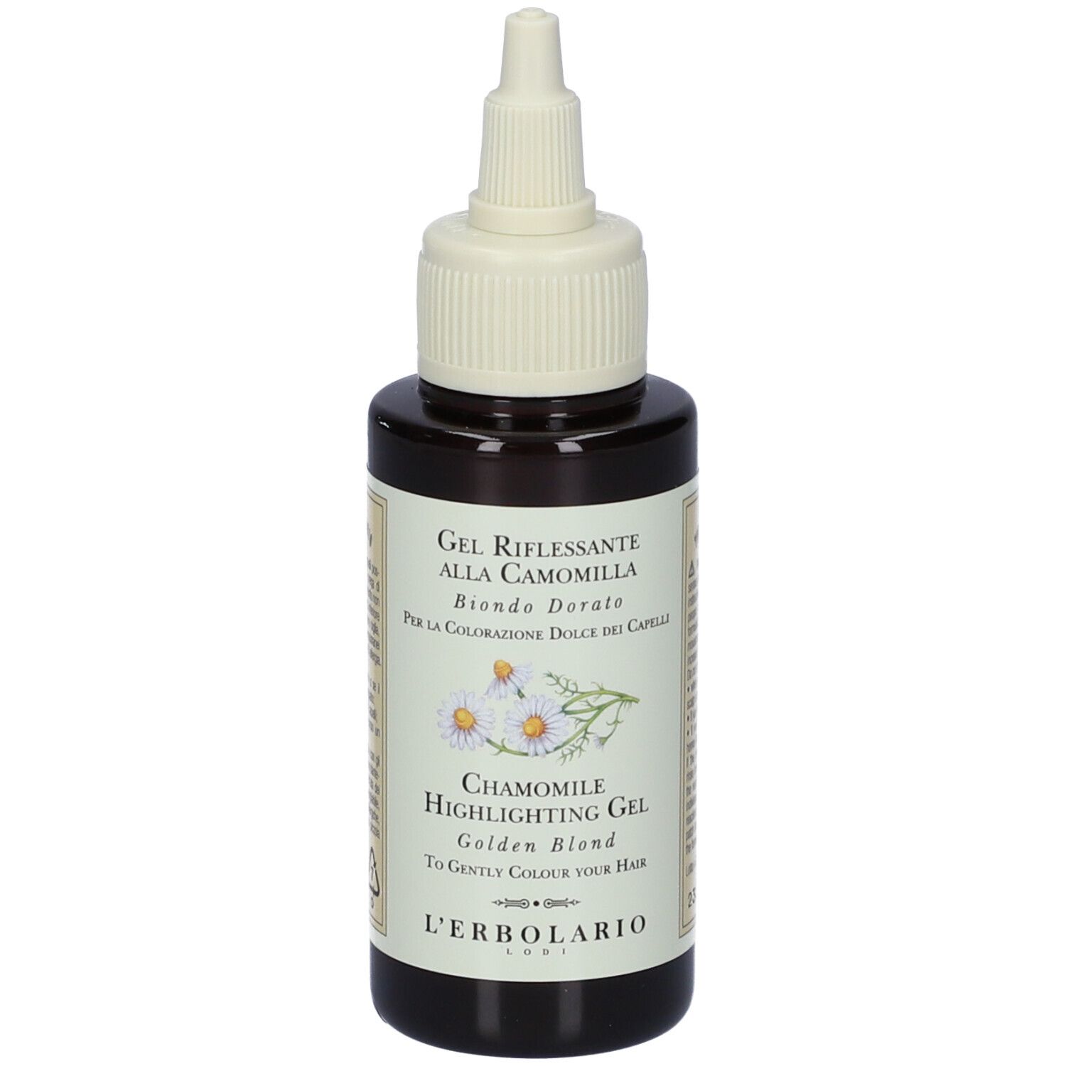 Flacone marrone con applicatore bianco. Etichetta con nome prodotto e illustrazione fiori di camomilla.