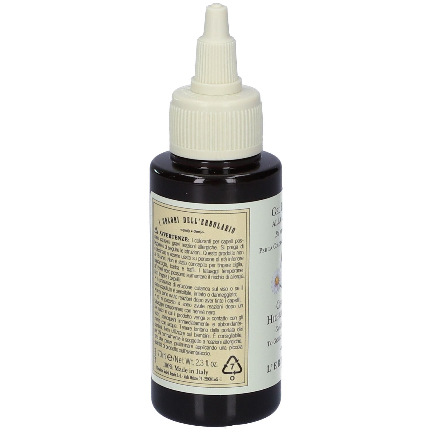 Vista posteriore del flacone marrone con applicatore bianco. Etichetta con testo e avvertenze.