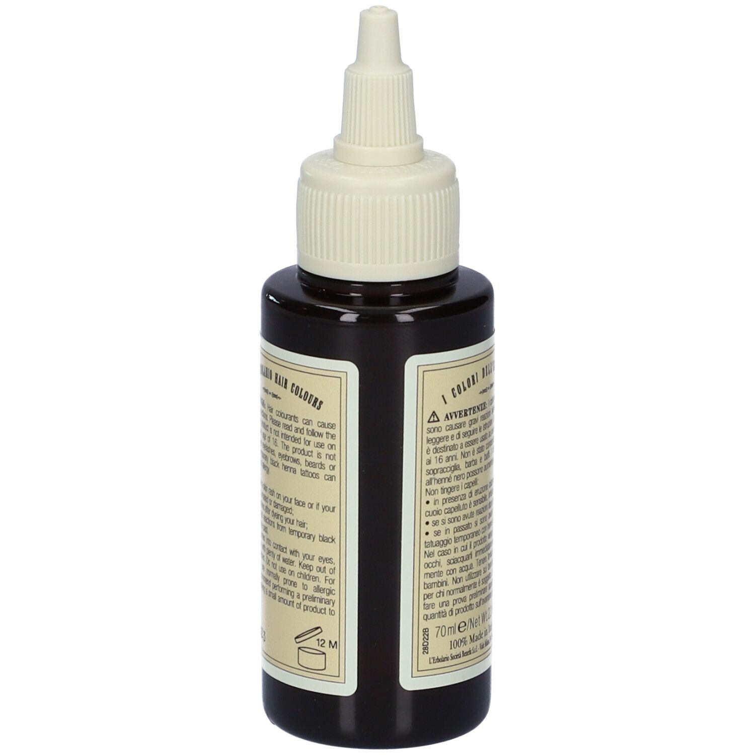 Vista posteriore del flacone marrone con applicatore bianco. Etichetta con testo e avvertenze.
