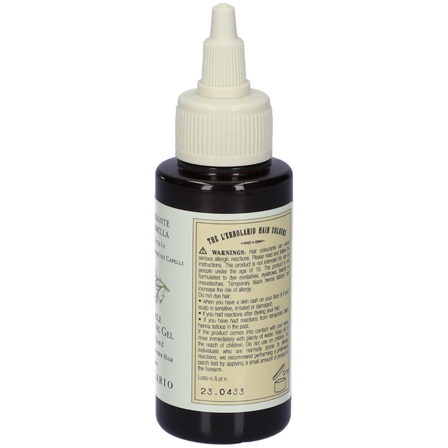 Vista posteriore del flacone marrone con applicatore bianco. Etichetta con testo e avvertenze.