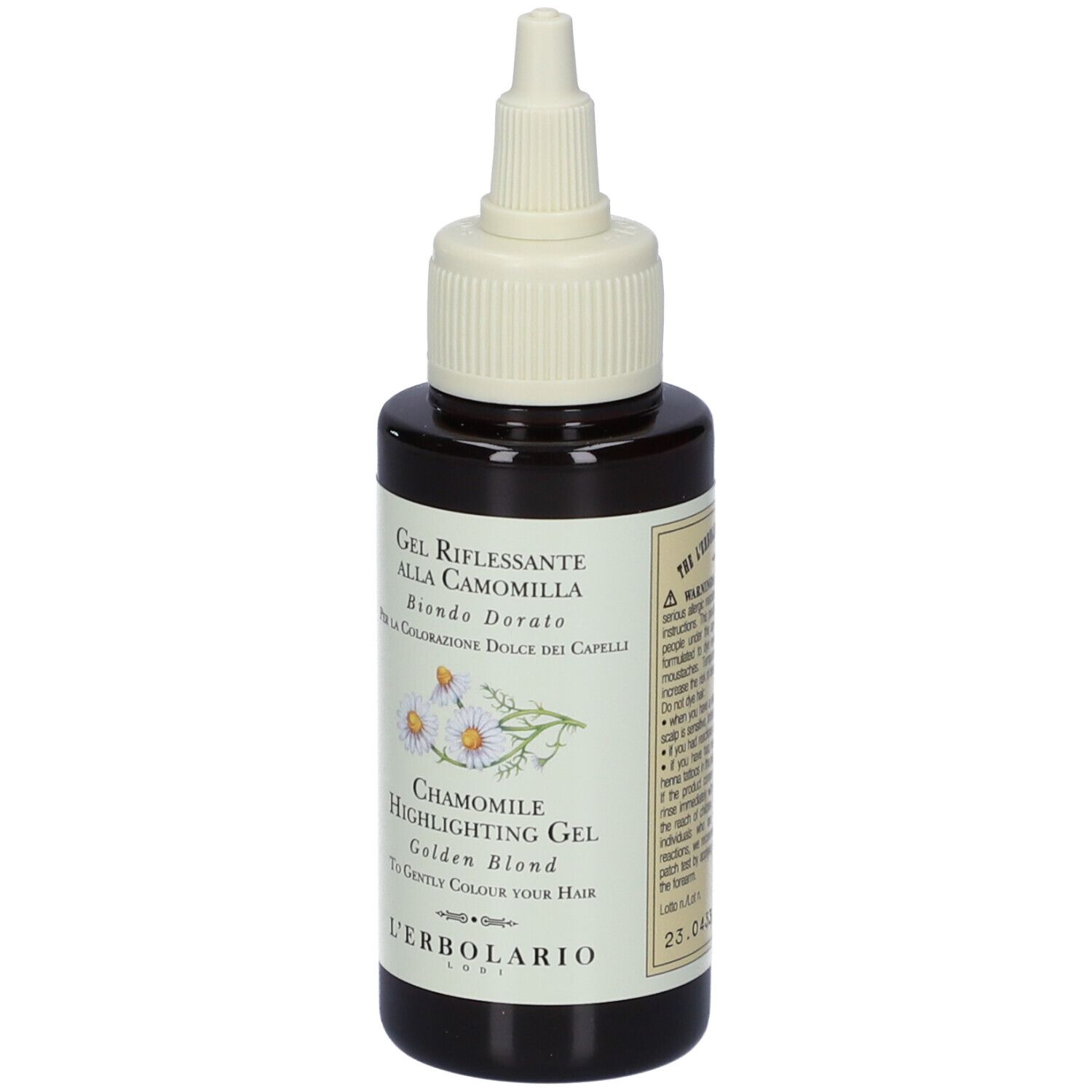 Flacone marrone con applicatore bianco. Etichetta con nome prodotto e illustrazione fiori di camomilla.