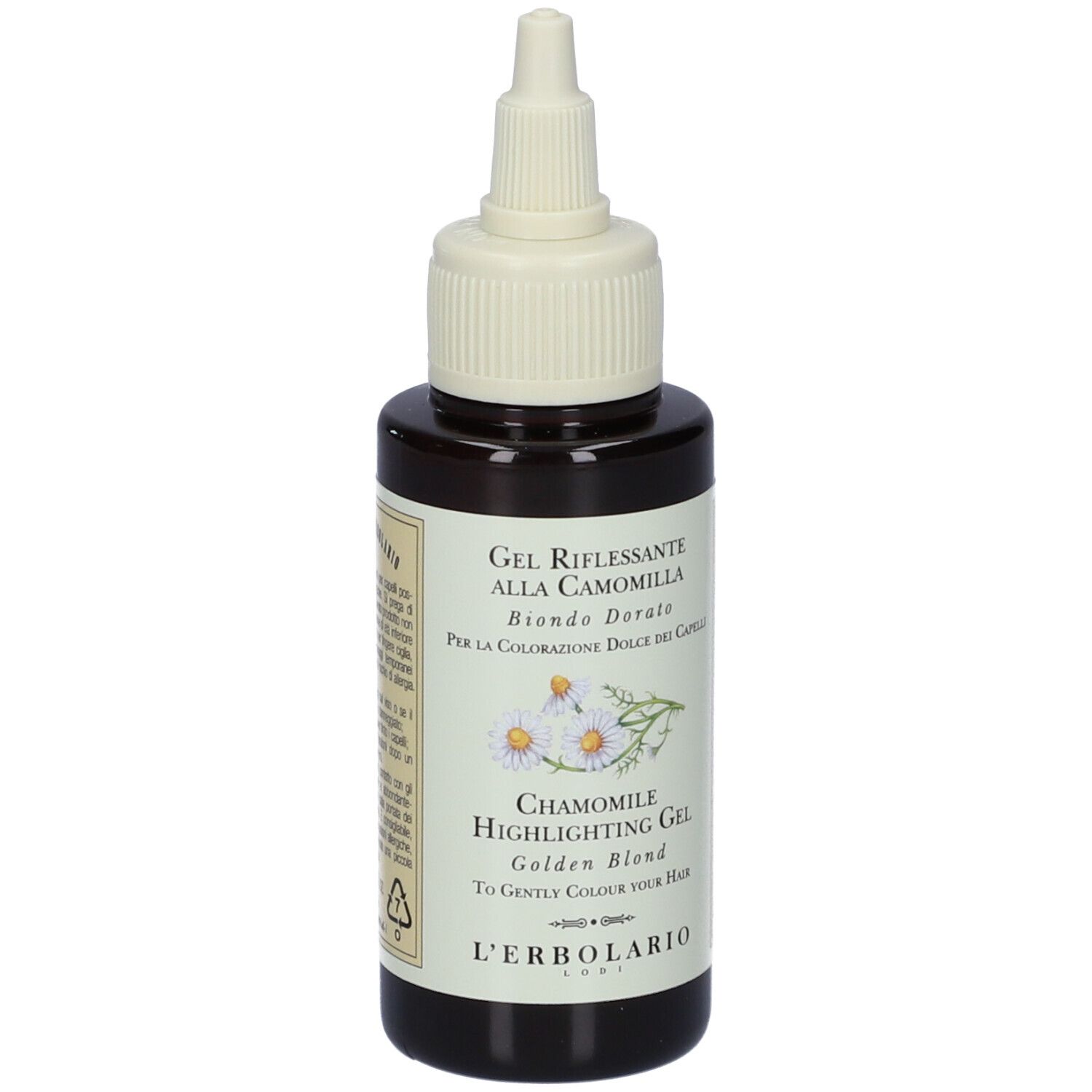 Flacone marrone con applicatore bianco. Etichetta con nome prodotto e illustrazione fiori di camomilla.