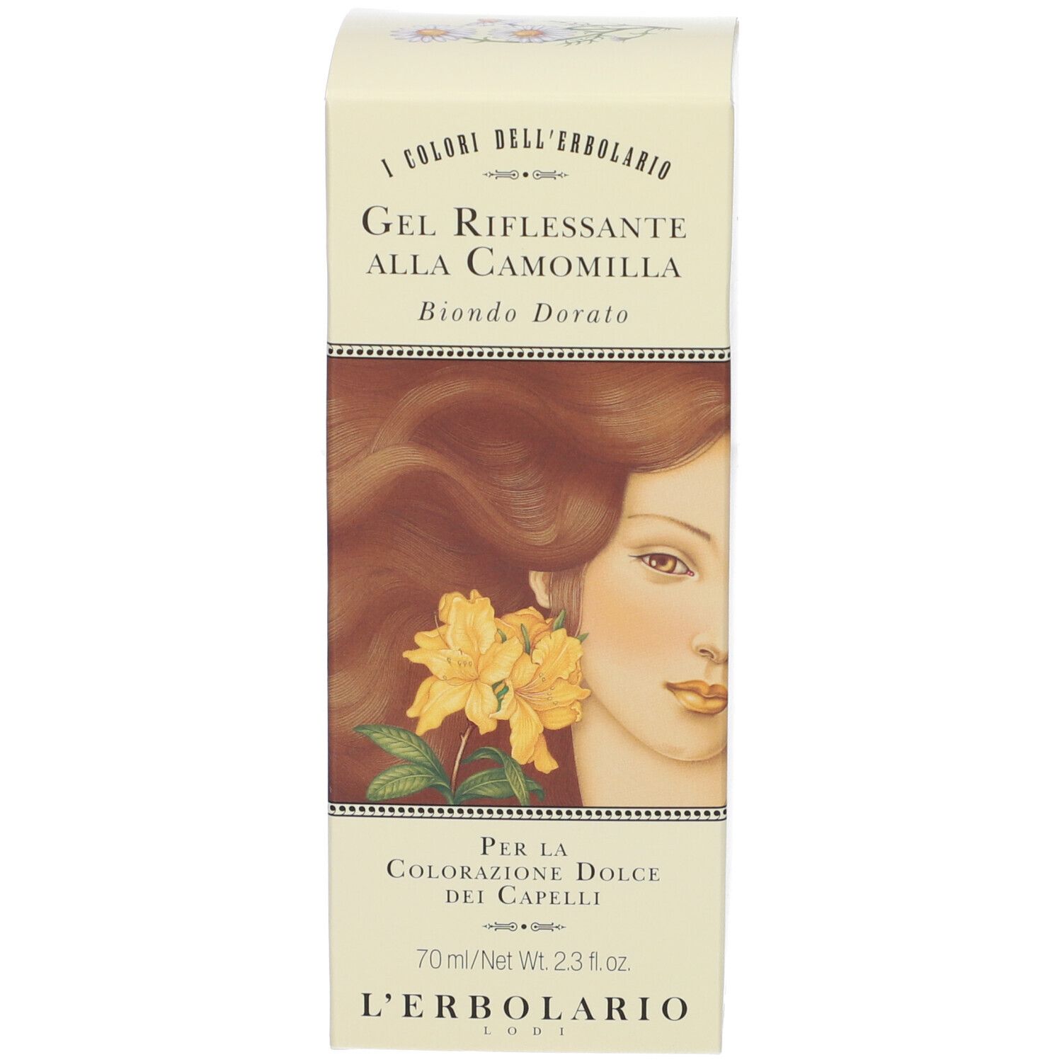 Confezione del prodotto. Scatola con volto di donna e fiori, nome del prodotto e logo del marchio.