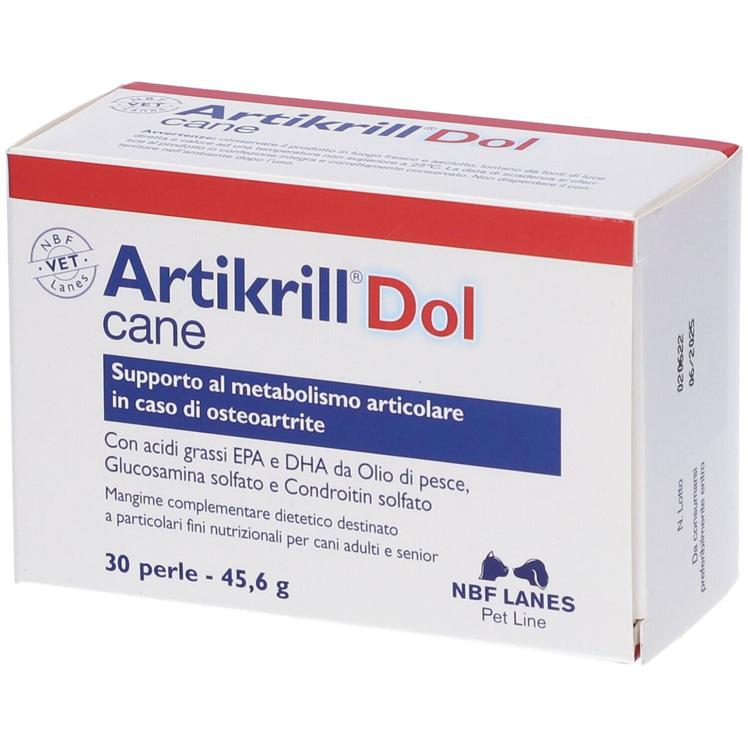 Confezione di Artikrilli Dol cane. Contiene 30 perle. Scritta: Supporto al metabolismo articolare in caso di osteoartrite.