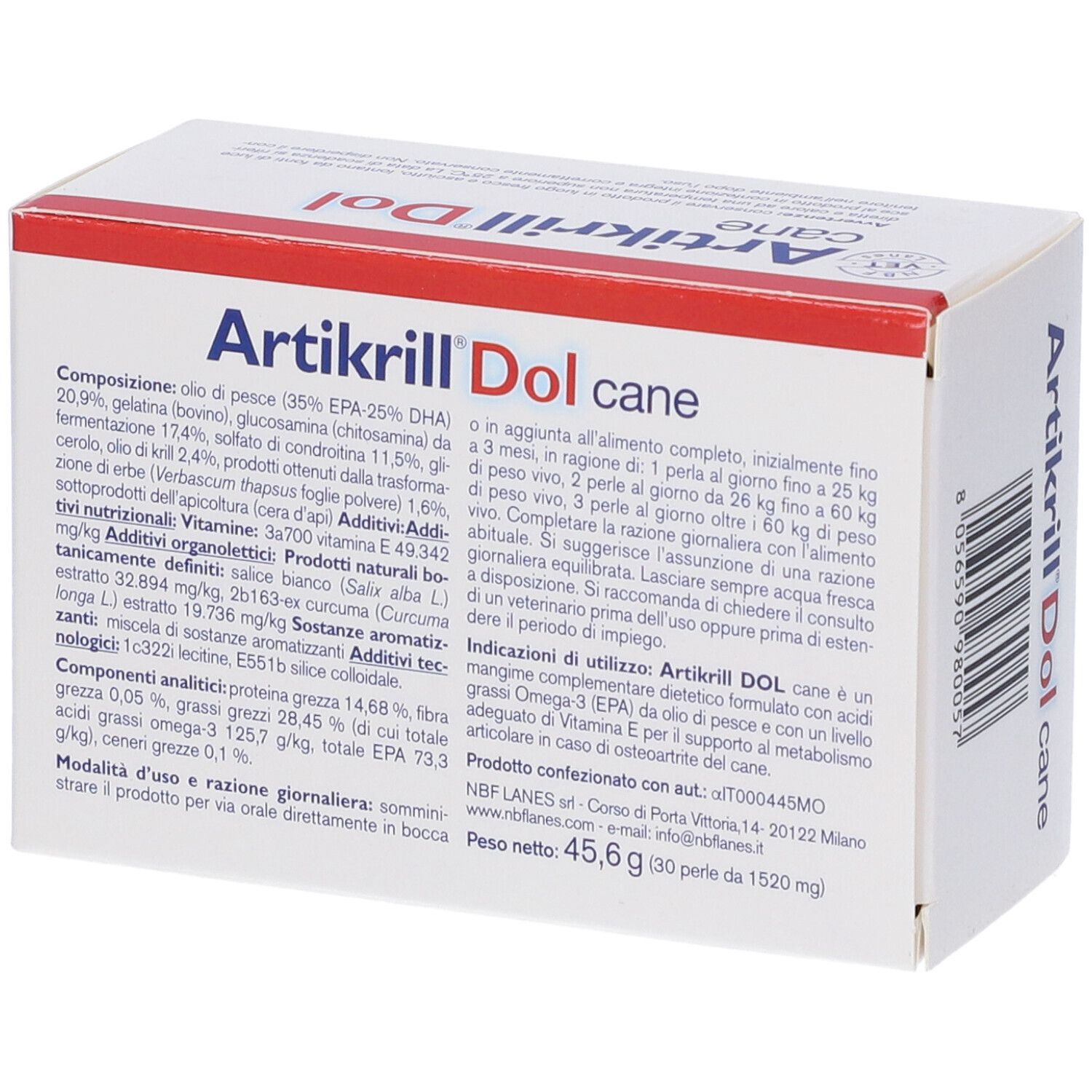 Confezione Artikrilli Dol cane. Contiene informazioni sugli ingredienti e l'uso. Testo: 30 perle - 45,6 g.