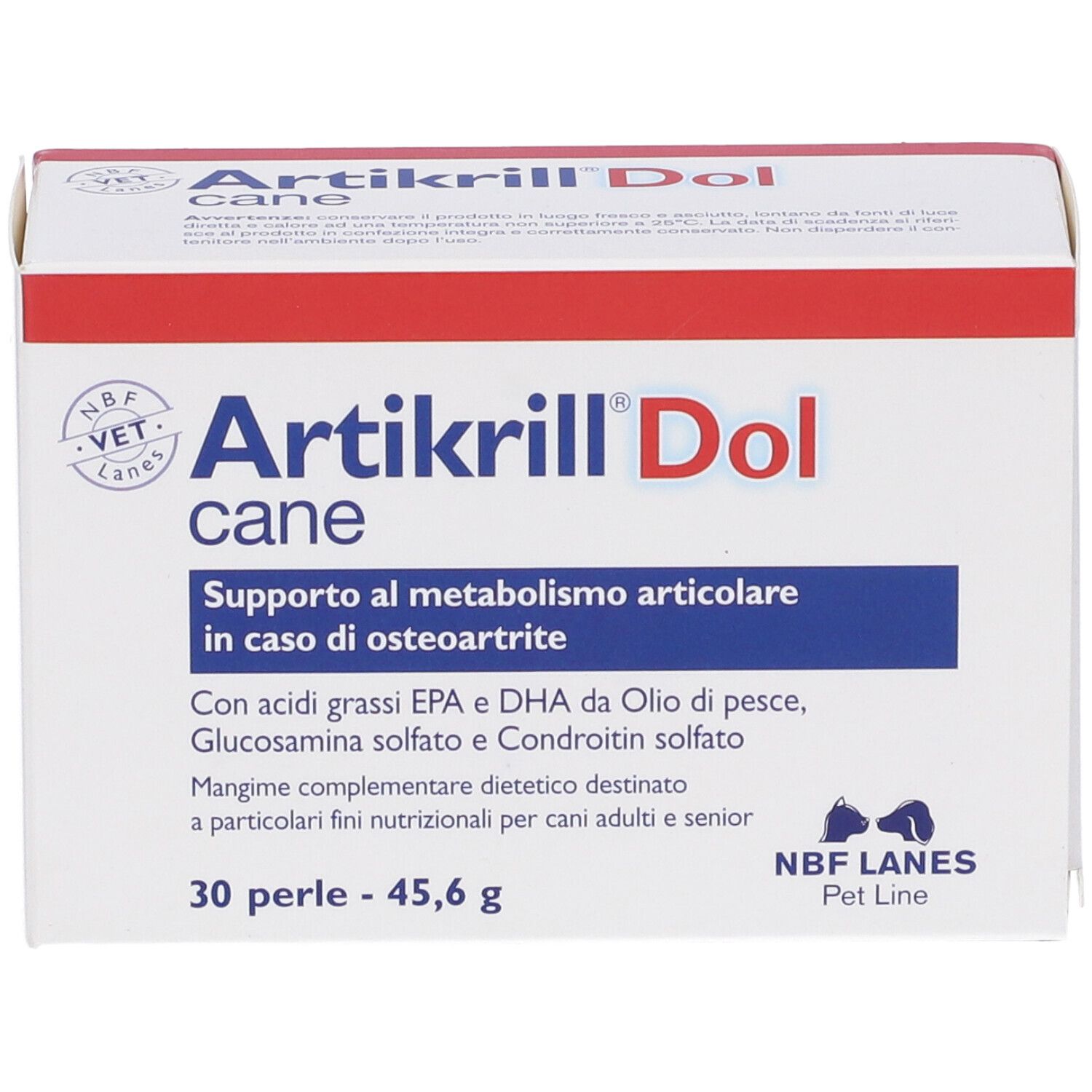 Confezione Artikrilli Dol cane. Contiene 30 perle. Testo: Supporto al metabolismo articolare in caso di osteoartrite.