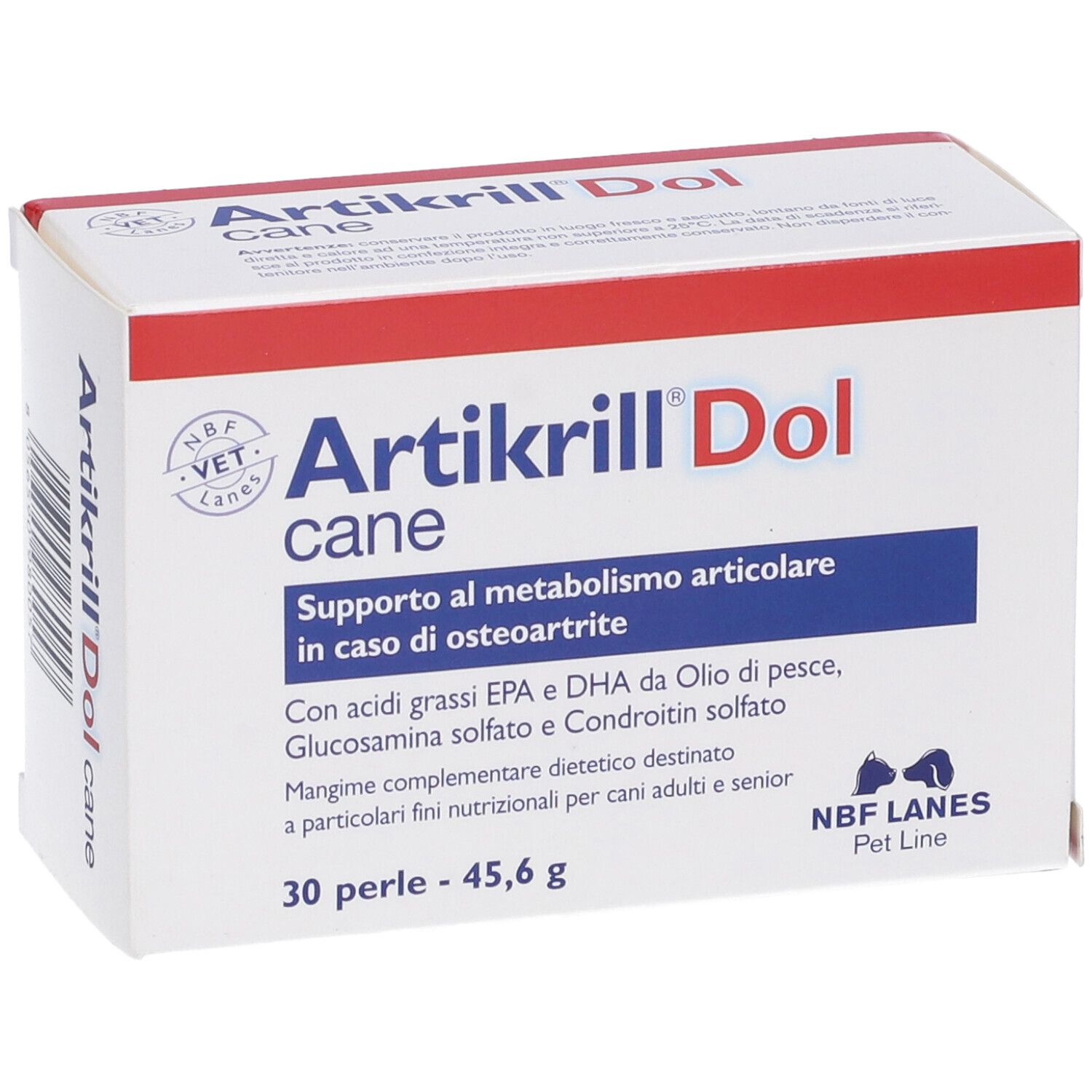 Confezione Artikrilli Dol cane. Contiene 30 perle. Testo: Supporto al metabolismo articolare in caso di osteoartrite. NBF Lanes Pet Line.
