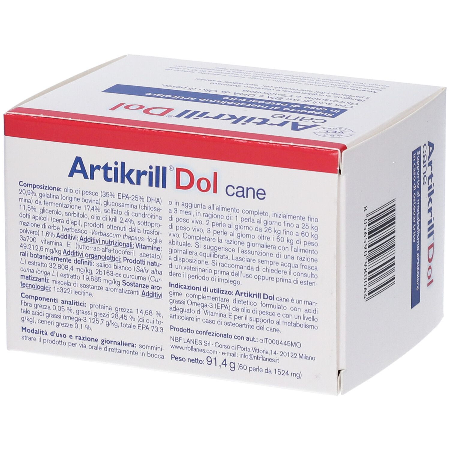Karton mit rotem Deckel. Aufschrift Artikrill Dol cane. Enthält Inhaltsstoffe und Gebrauchsanweisung. NBF Lanes.
