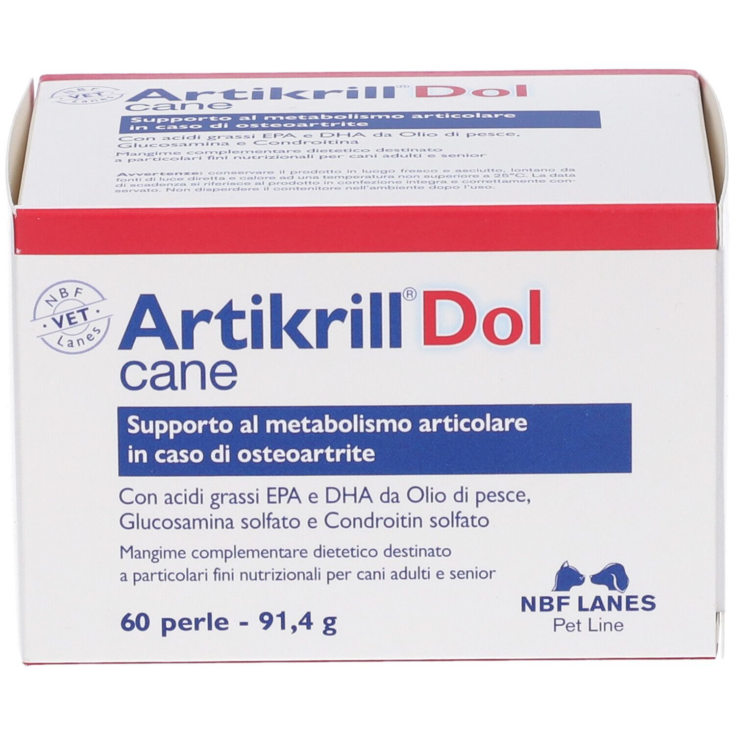 Weißer Karton mit rotem Deckel. Aufschrift Artikrill Dol cane. Enthält 60 Perlen. NBF Lanes Pet Line.