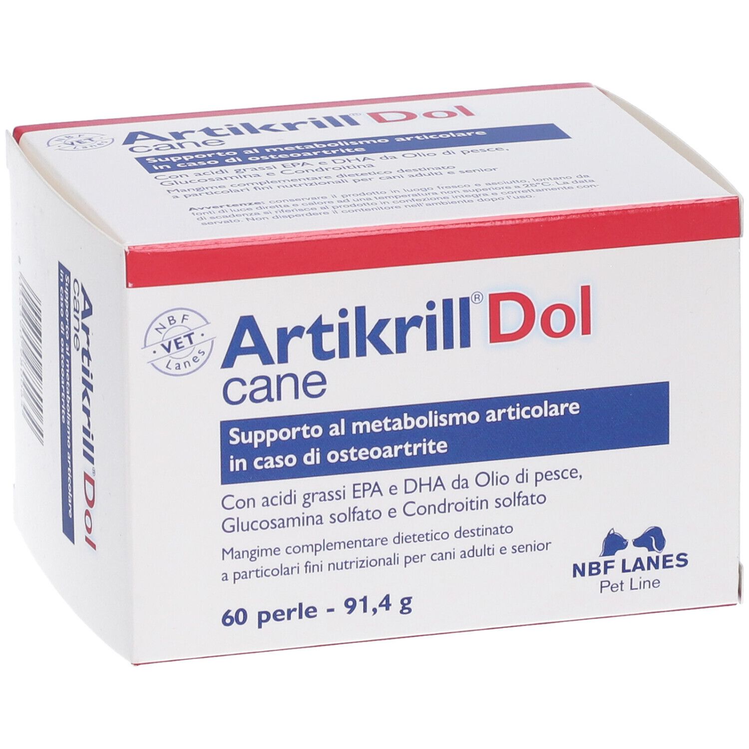 Weißer Karton mit rotem Deckel. Aufschrift Artikrill Dol cane. Enthält 60 Perlen. NBF Lanes Pet Line.