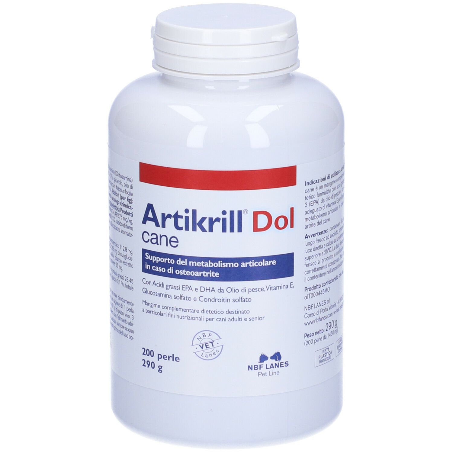 Flacone bianco con etichetta rossa e blu. Contiene 200 perle. Scritta: Artikrillo Dol Cane.