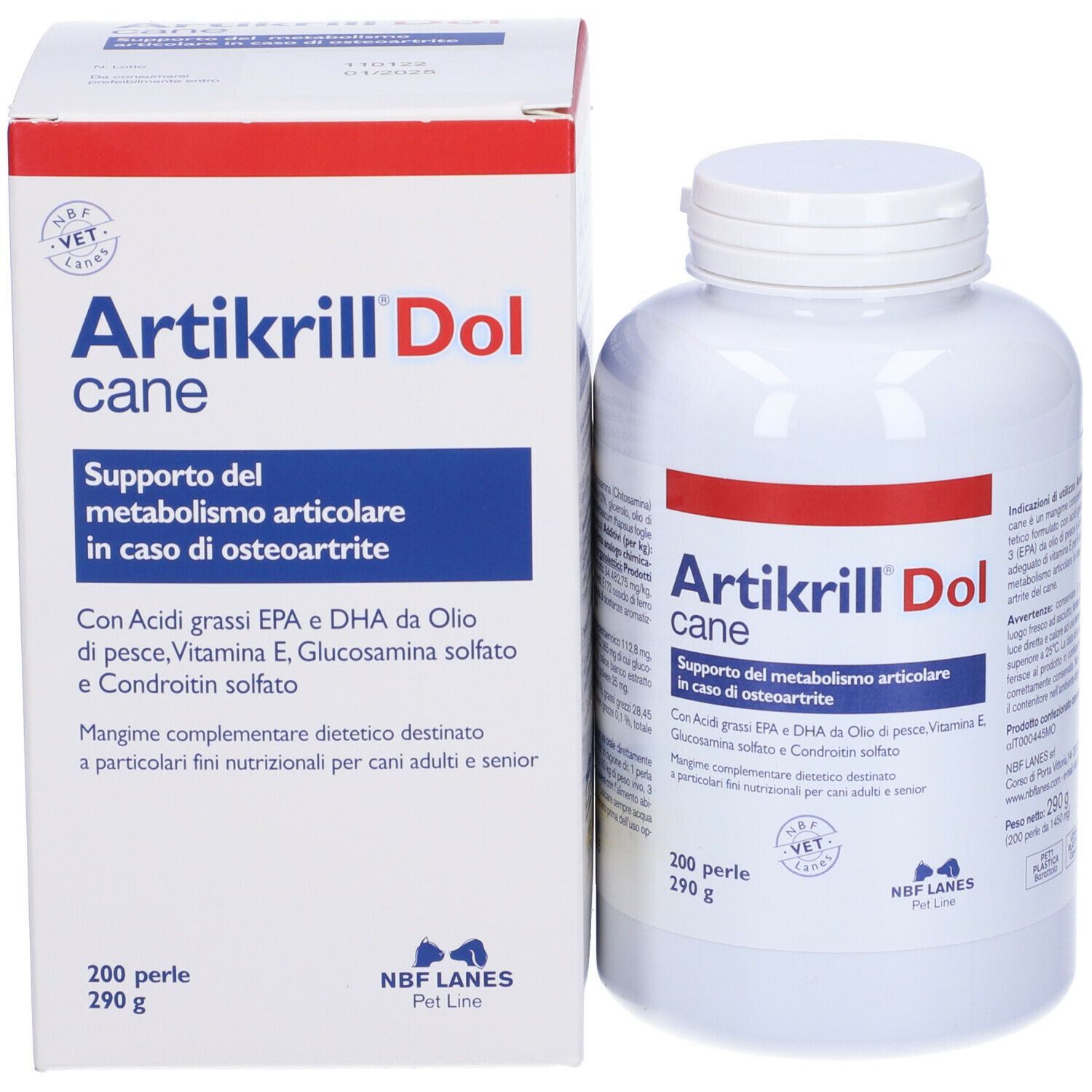 Confezione e flacone del prodotto. Scritta: Artikrillo Dol Cane. Contiene 200 perle. Confezione con etichetta rossa e blu.