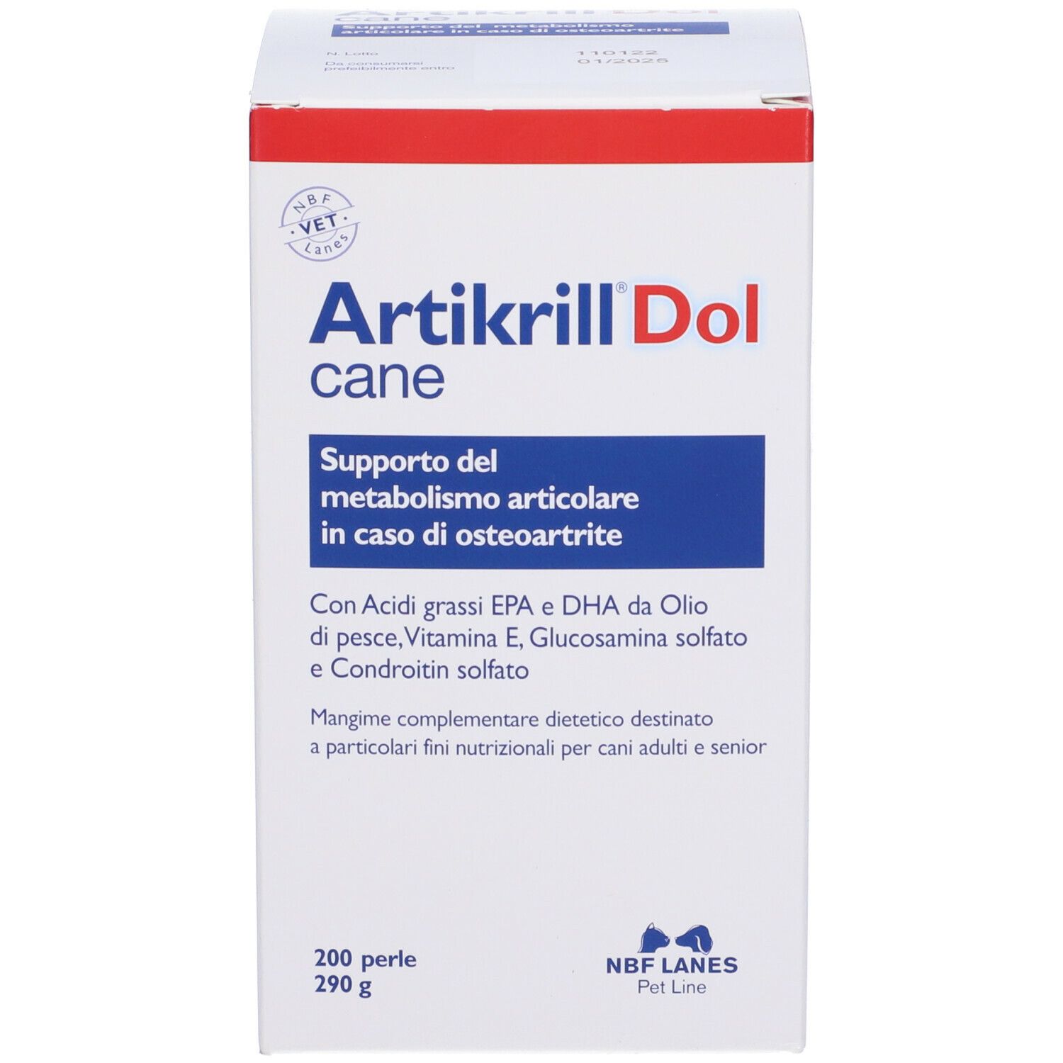 Confezione del prodotto con etichetta rossa e blu. Scritta: Artikrillo Dol Cane. Contiene 200 perle.