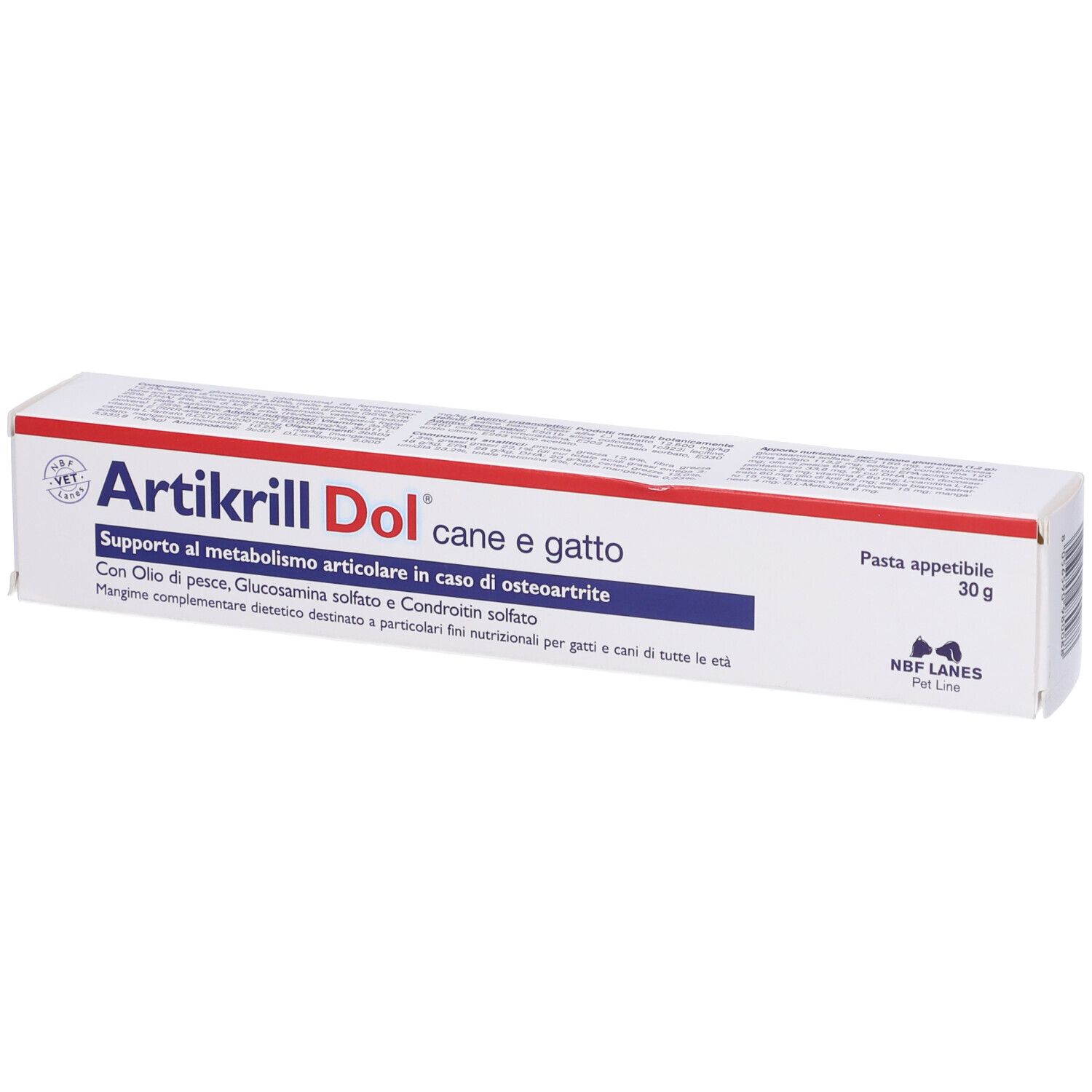 Scatola bianca Artikrill Dol cane e gatto. Contiene olio di pesce, glucosamina, condroitina. 30g. Marchio NBF Lanes.