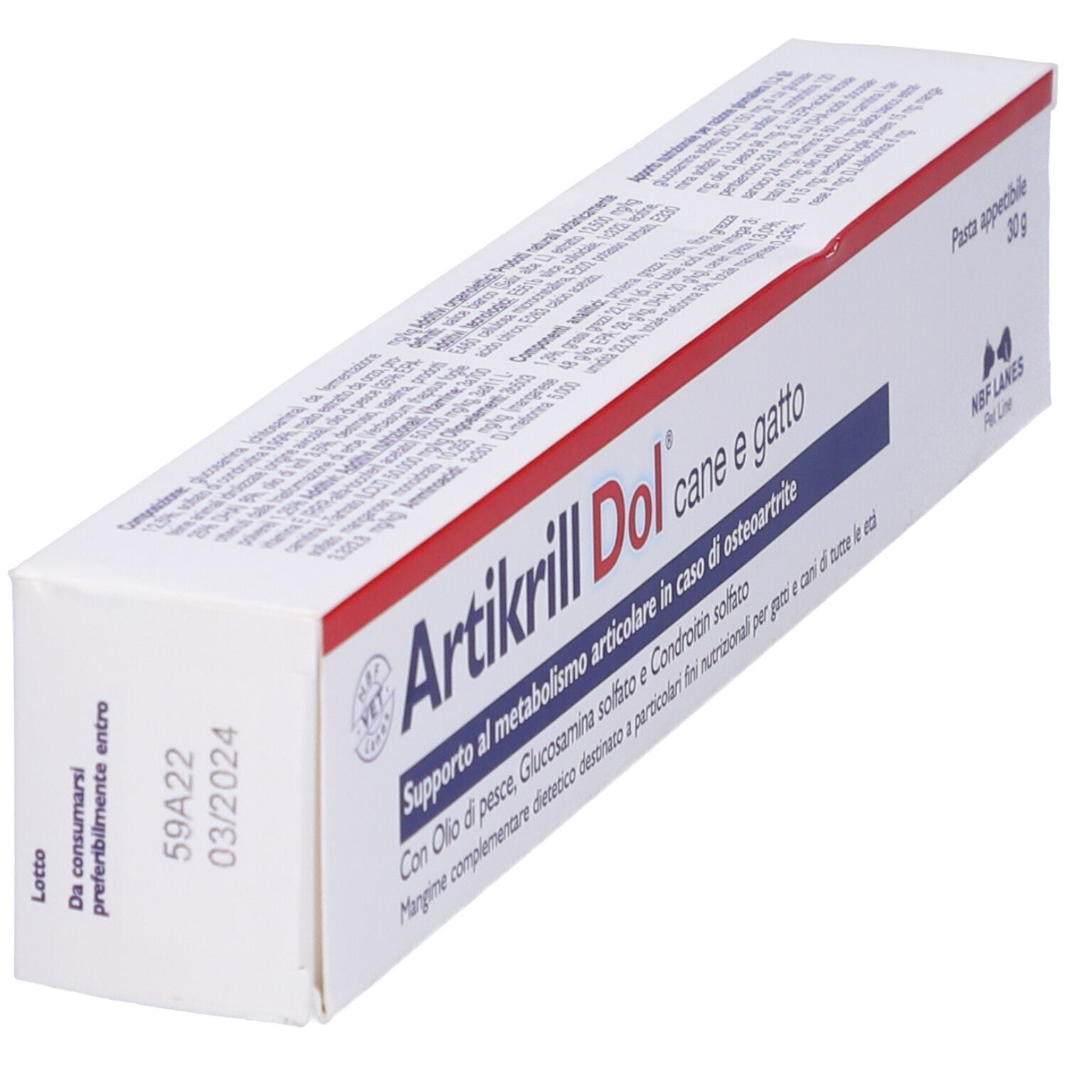 Scatola Artikrill Dol cane e gatto. Contiene olio di pesce, glucosamina, condroitina. Scadenza 03/2024. 30g.