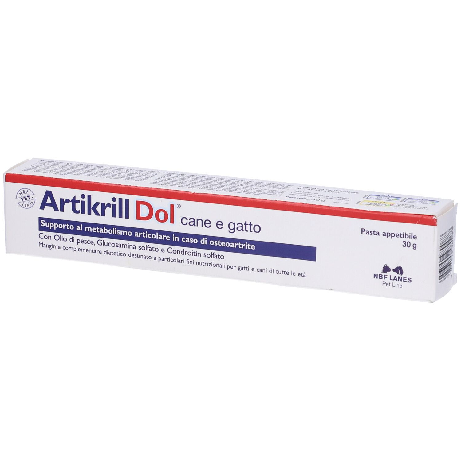 Scatola bianca Artikrill Dol cane e gatto. Contiene olio di pesce, glucosamina, condroitina. 30g. Marchio NBF Lanes.