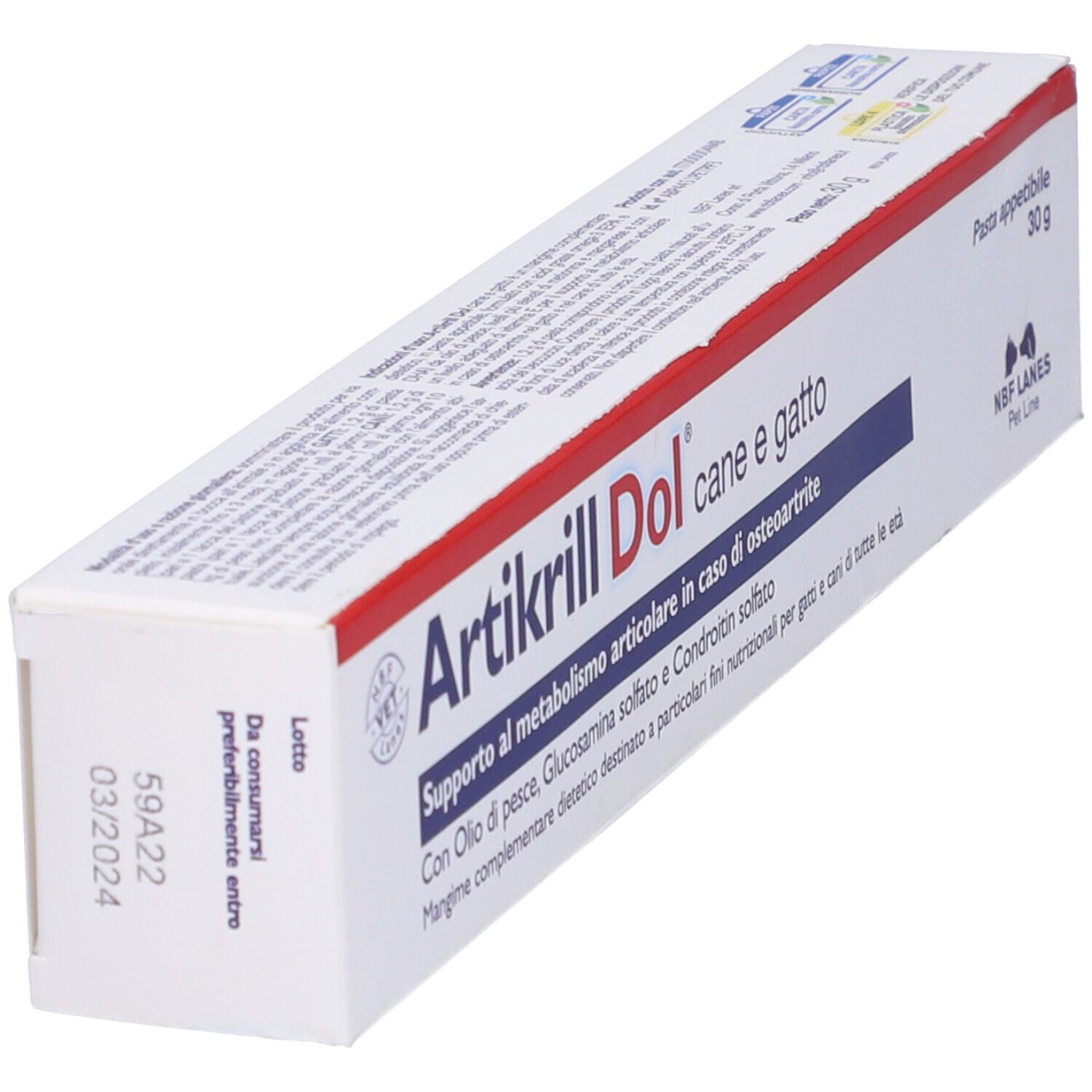 Scatola Artikrill Dol cane e gatto. Contiene olio di pesce, glucosamina, condroitina. Scadenza 03/2024. 30g.