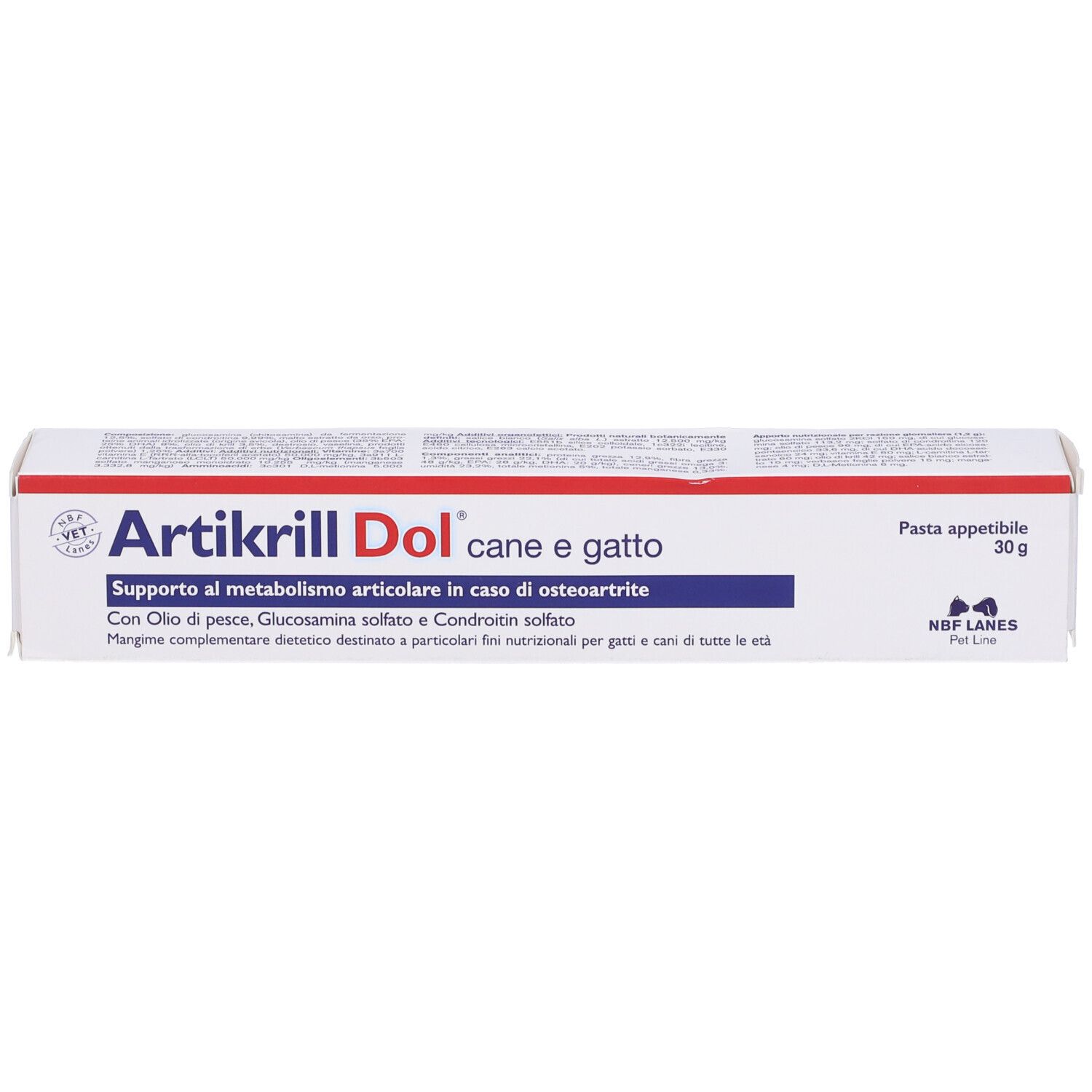 Scatola bianca Artikrill Dol cane e gatto. Contiene olio di pesce, glucosamina, condroitina. 30g. Marchio NBF Lanes.