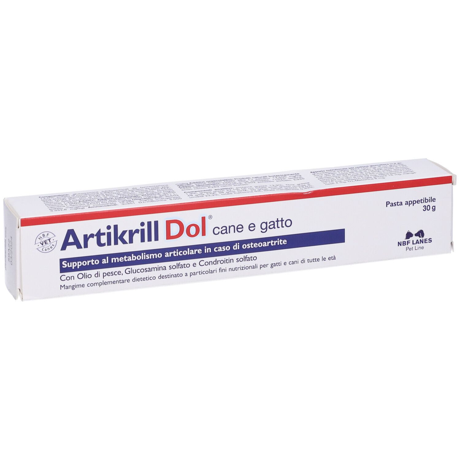 Scatola bianca Artikrill Dol cane e gatto. Contiene olio di pesce, glucosamina, condroitina. 30g. Marchio NBF Lanes.