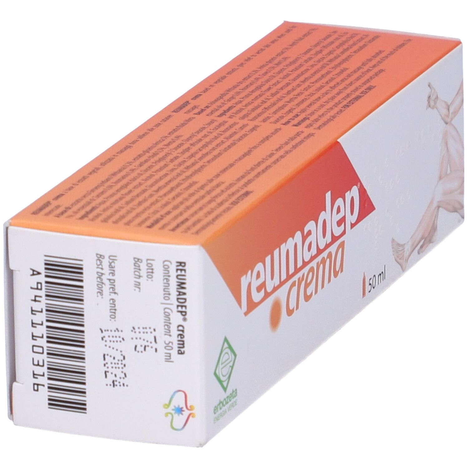 Confezione del prodotto con nome e logo. Scritta: 50 ml. Illustrazione di una gamba.