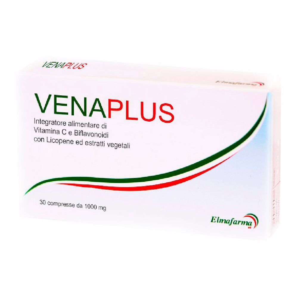 Scatola bianca con testo rosso e verde. Scritto: VenaPlus, 30 compresse. Marchio: Elmafarma.
