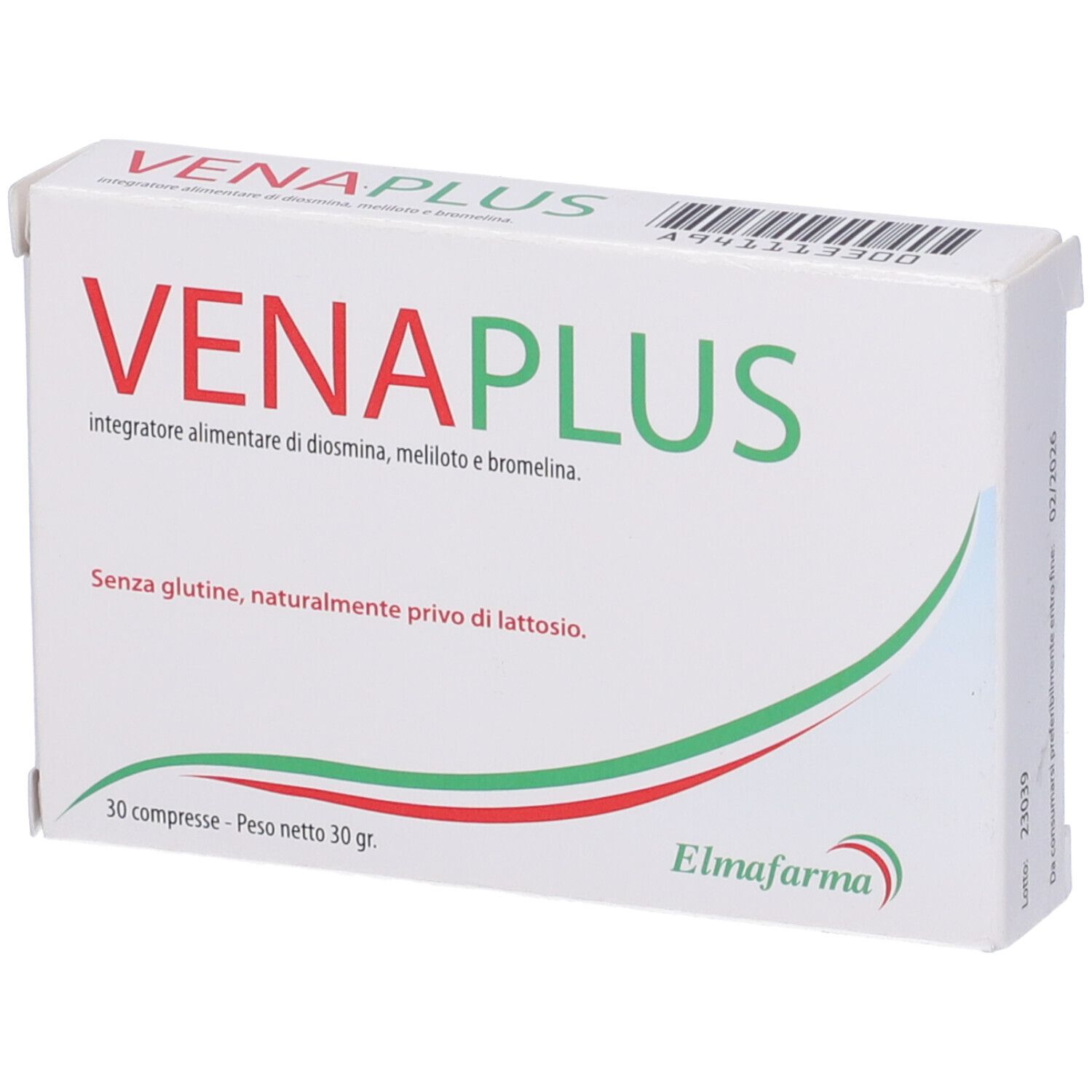 Scatola bianca con testo rosso e verde. Scritto: VenaPlus, 30 compresse. Senza glutine, senza lattosio. Marchio: Elmafarma.