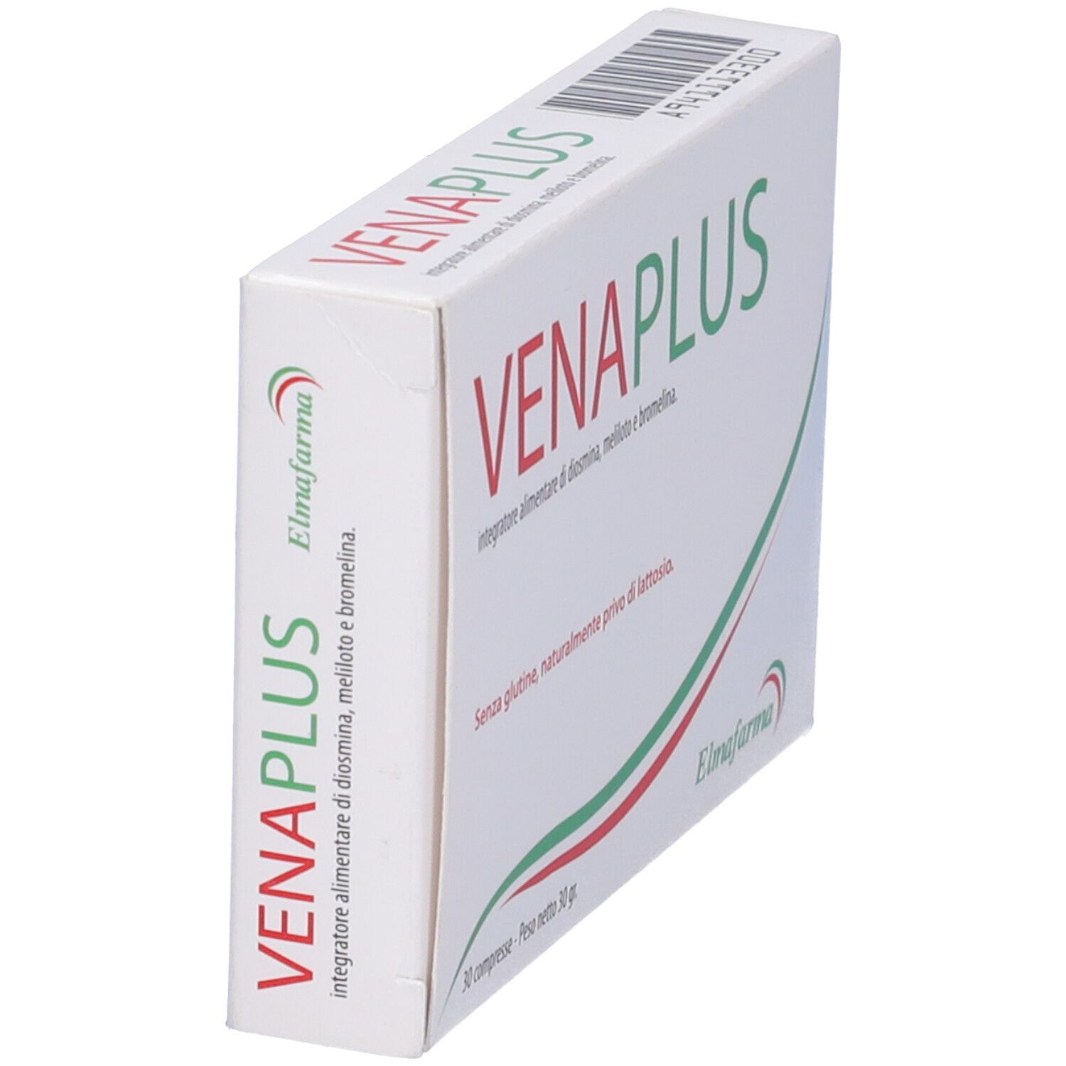 Scatola bianca, vista obliqua. Scritto: VenaPlus. Senza glutine, senza lattosio. Marchio: Elmafarma. Codice a barre.