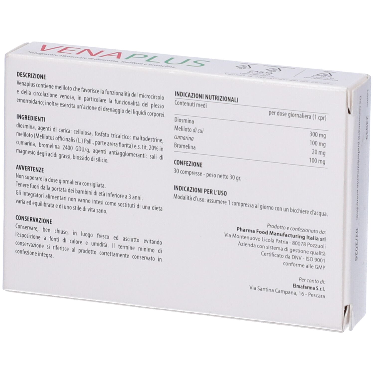Retro di una scatola bianca. Testo in italiano. Ingredienti, istruzioni per l'uso, informazioni nutrizionali. Marchio: Elmafarma.