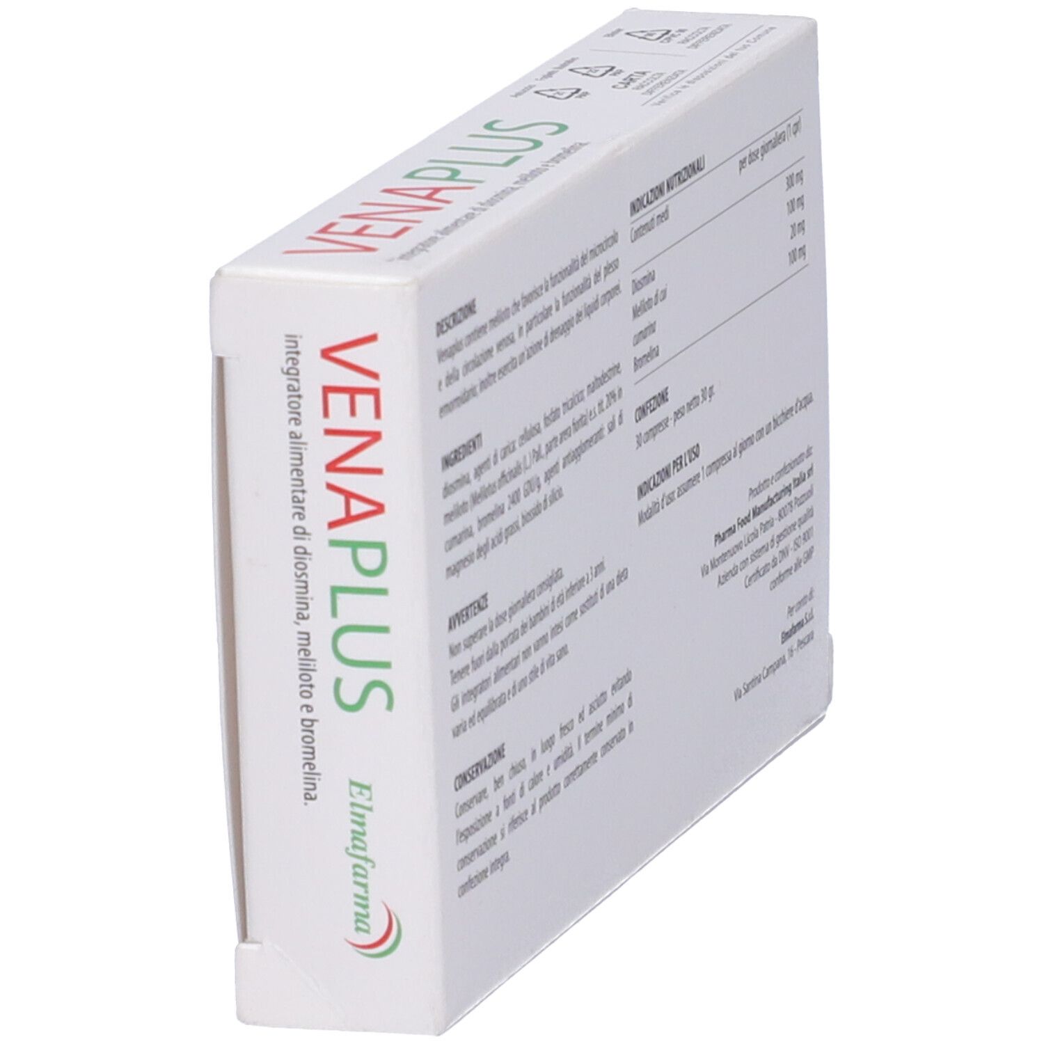 Scatola obliqua. Testo in italiano. Ingredienti, istruzioni per l'uso, informazioni nutrizionali. Marchio: Elmafarma.