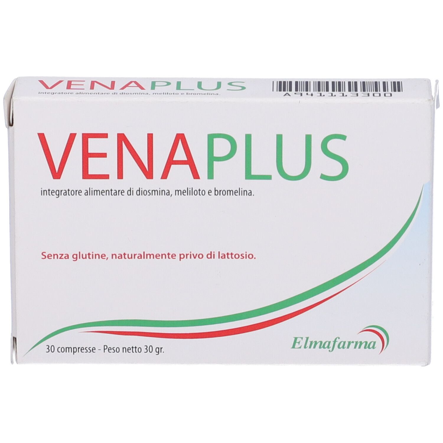 Scatola bianca con testo rosso e verde. Scritto: VenaPlus, 30 compresse. Senza glutine, senza lattosio. Marchio: Elmafarma.
