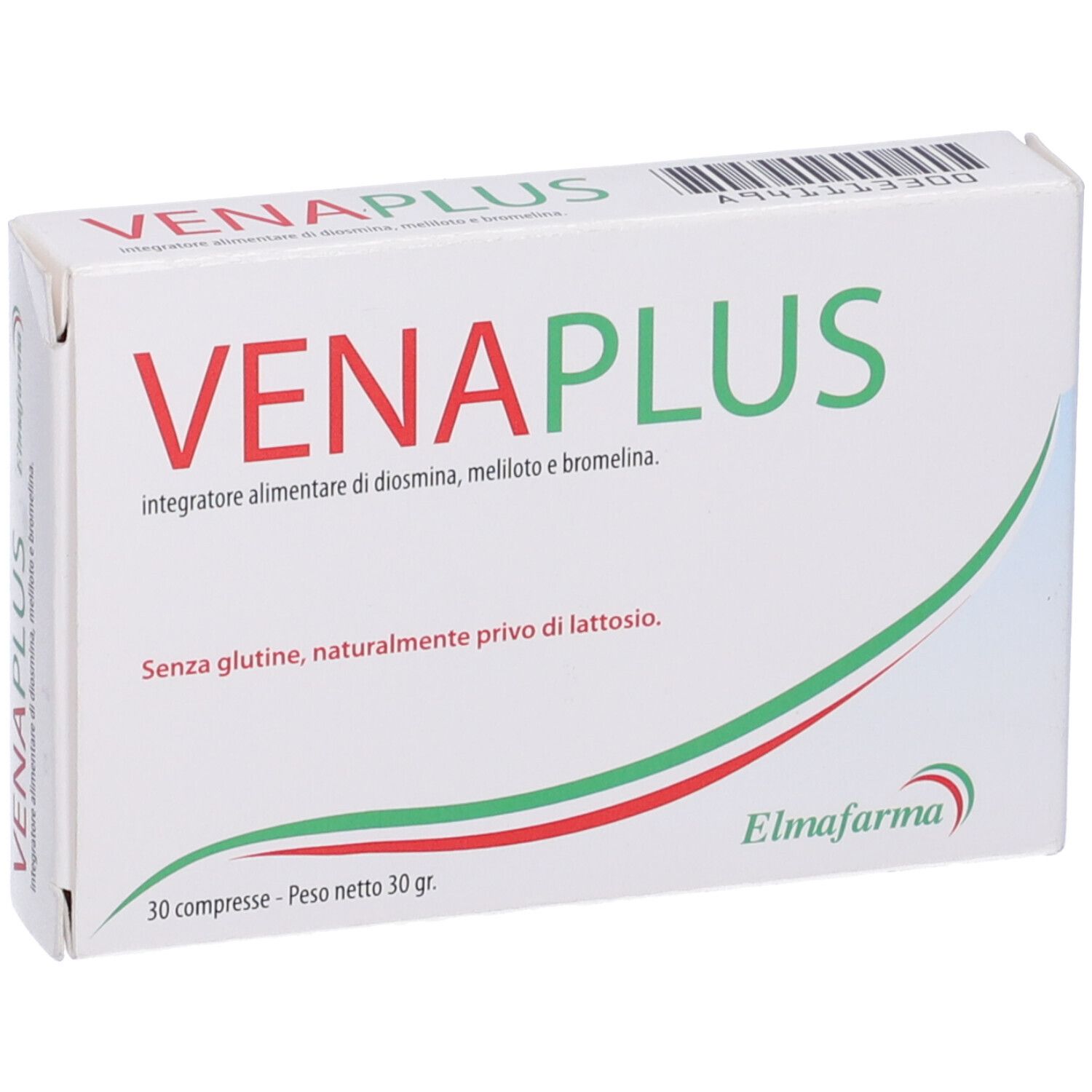 Scatola bianca con testo rosso e verde. Scritto: VenaPlus, 30 compresse. Senza glutine, senza lattosio. Marchio: Elmafarma.