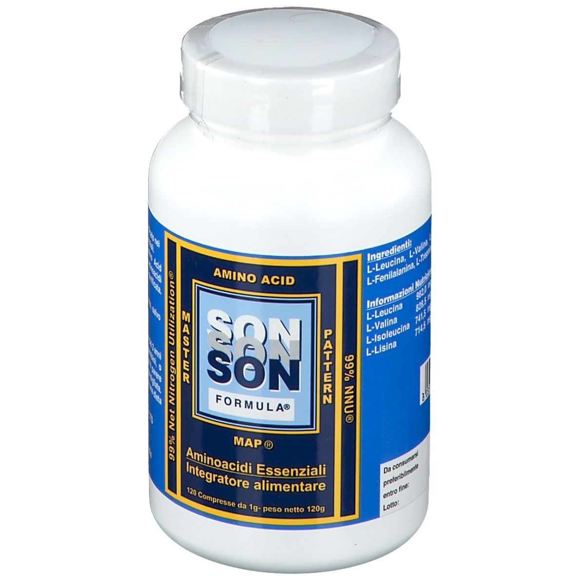 Flacone bianco con etichetta SON FORMULA®. Contiene aminoacidi essenziali. Etichette blu e gialle. 120 compresse.