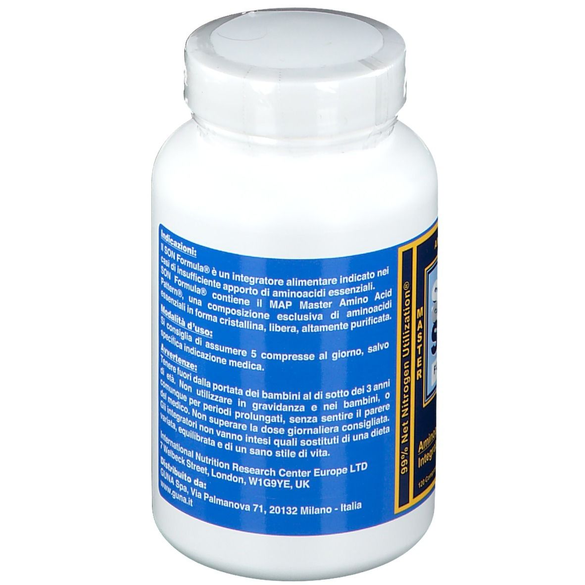 Flacone bianco con etichetta blu. Contiene aminoacidi. Informazioni su ingredienti e dosaggio.