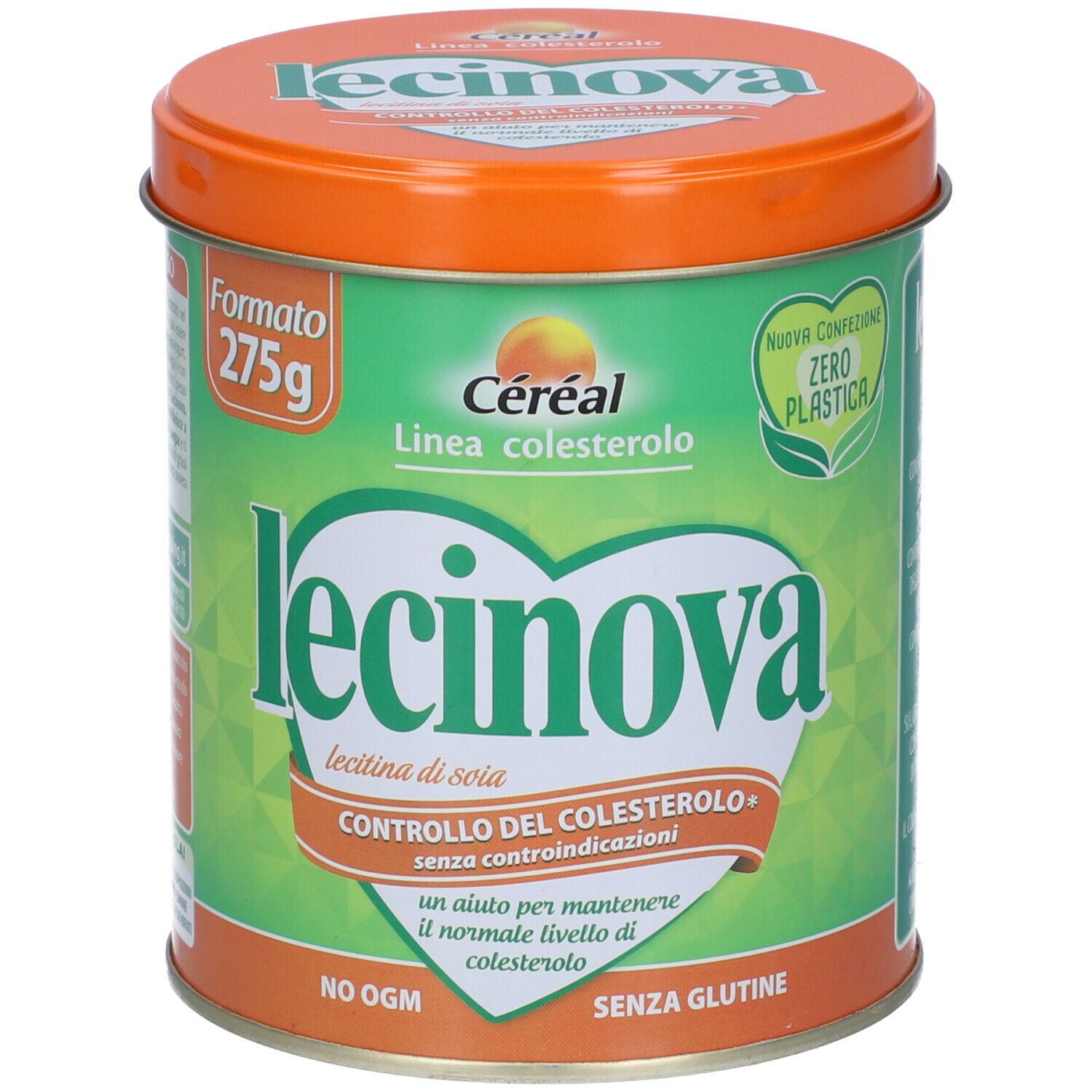 Barattolo verde con coperchio arancione. Scritta: Lecinova, Céréal, Linea colesterolo. Contiene 275g. Senza glutine, senza OGM.