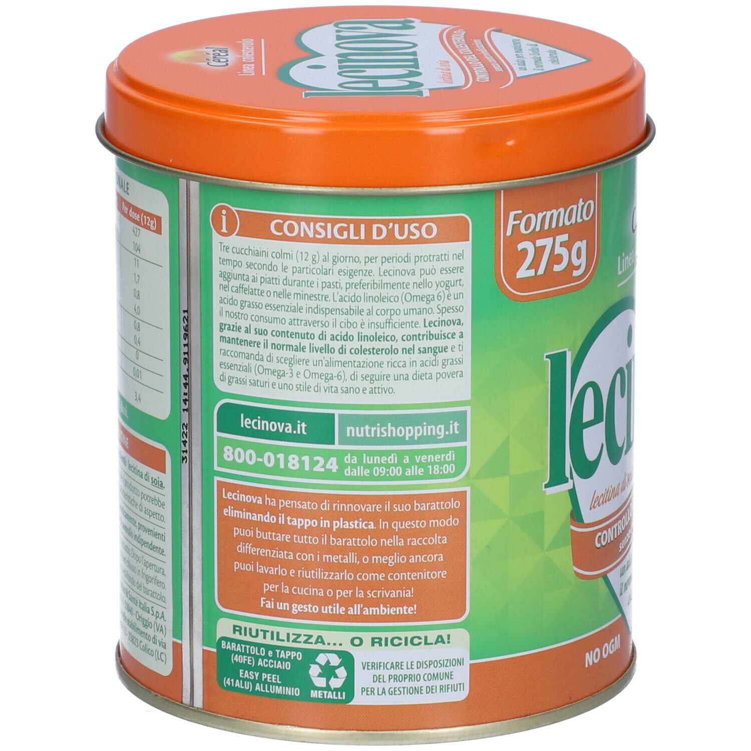 Retro del barattolo. Informazioni per l'uso e ingredienti. Contiene 275g. Con simboli di riciclaggio. Senza plastica.