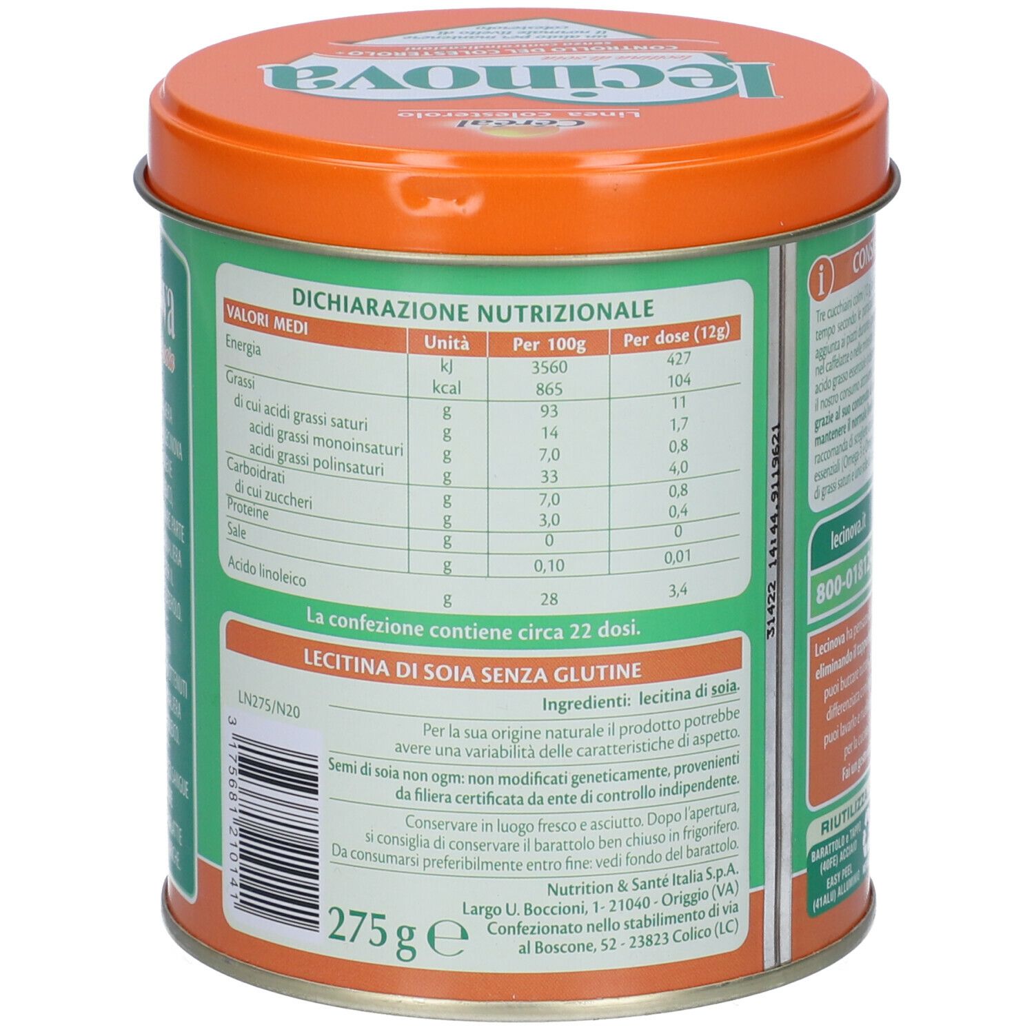 Retro del barattolo. Informazioni nutrizionali e lista ingredienti. Contiene 275g. Lecitina di soia. Senza glutine.