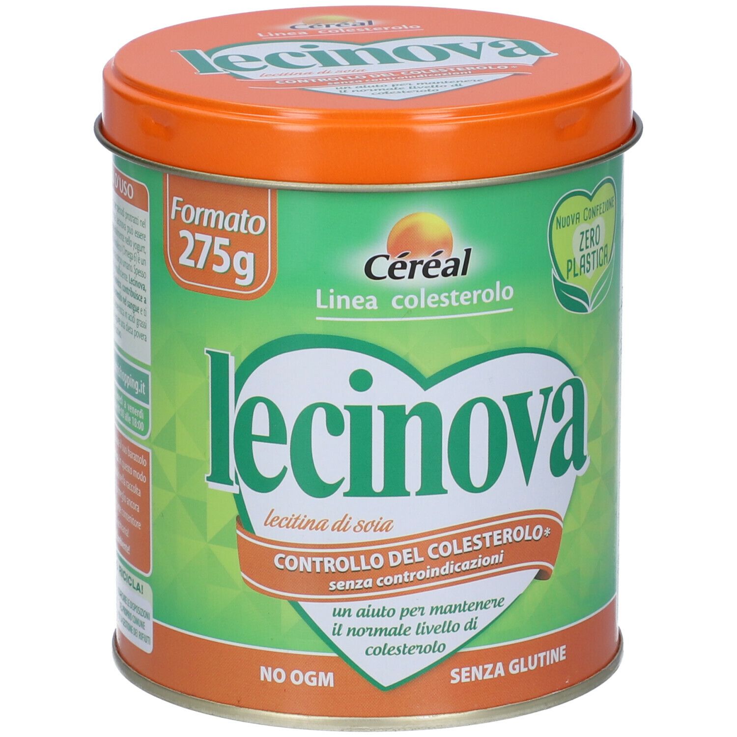 Barattolo verde con coperchio arancione. Scritta: Lecinova, Céréal, Linea colesterolo. Contiene 275g. Senza glutine, senza OGM.