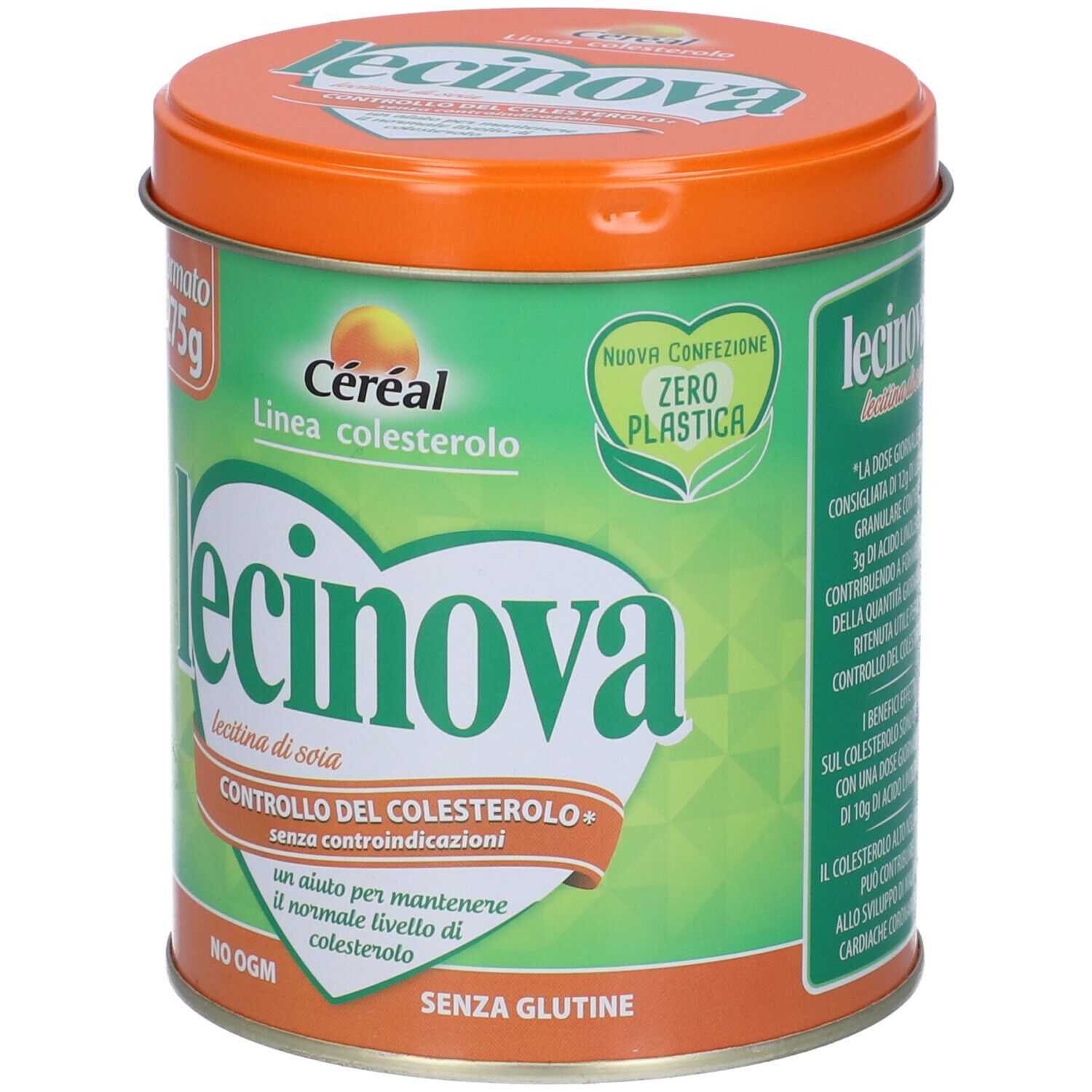 Barattolo verde con coperchio arancione. Scritta: Lecinova, Céréal, Linea colesterolo. Contiene 275g. Senza glutine, senza OGM.