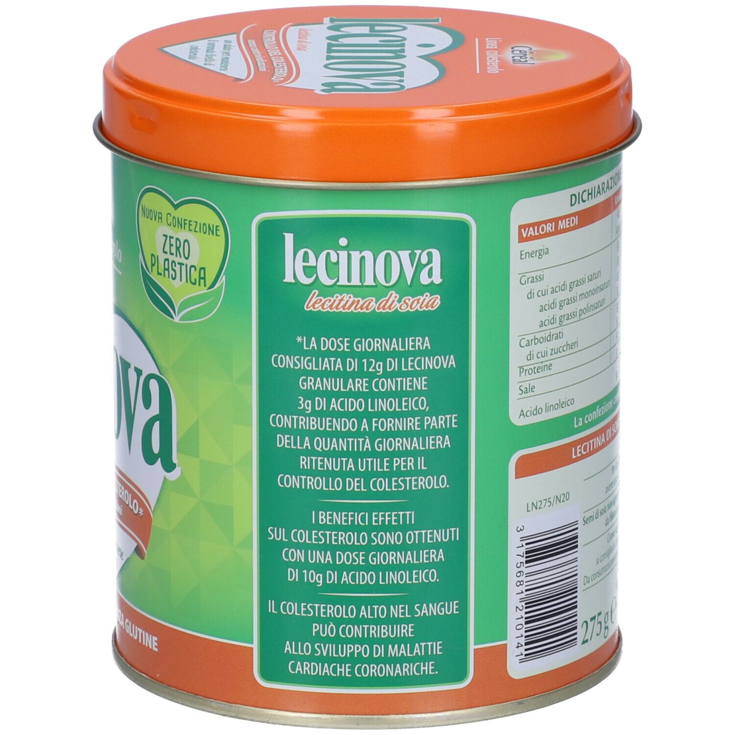 Retro del barattolo. Informazioni per l'uso e ingredienti. Contiene 275g. Lecitina di soia. Senza glutine.
