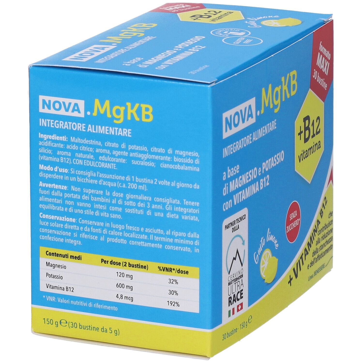 Blau-gelbe Schachtel NOVA.MgKB. Enthält 30 Beutel. Inhaltsstoffe und Nährwerttabelle. Magnesium, Kalium, Vitamin B12. Ohne Zucker.