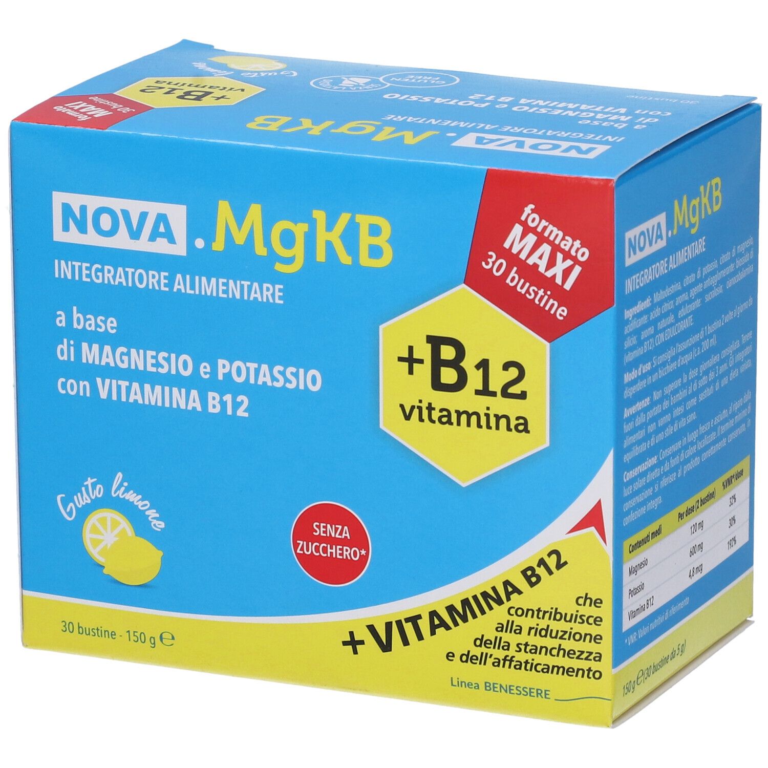 Blau-gelbe Schachtel NOVA.MgKB. Enthält 30 Beutel. Aufschrift: Magnesium, Kalium, Vitamin B12. Zitrone-Geschmack. Ohne Zucker.