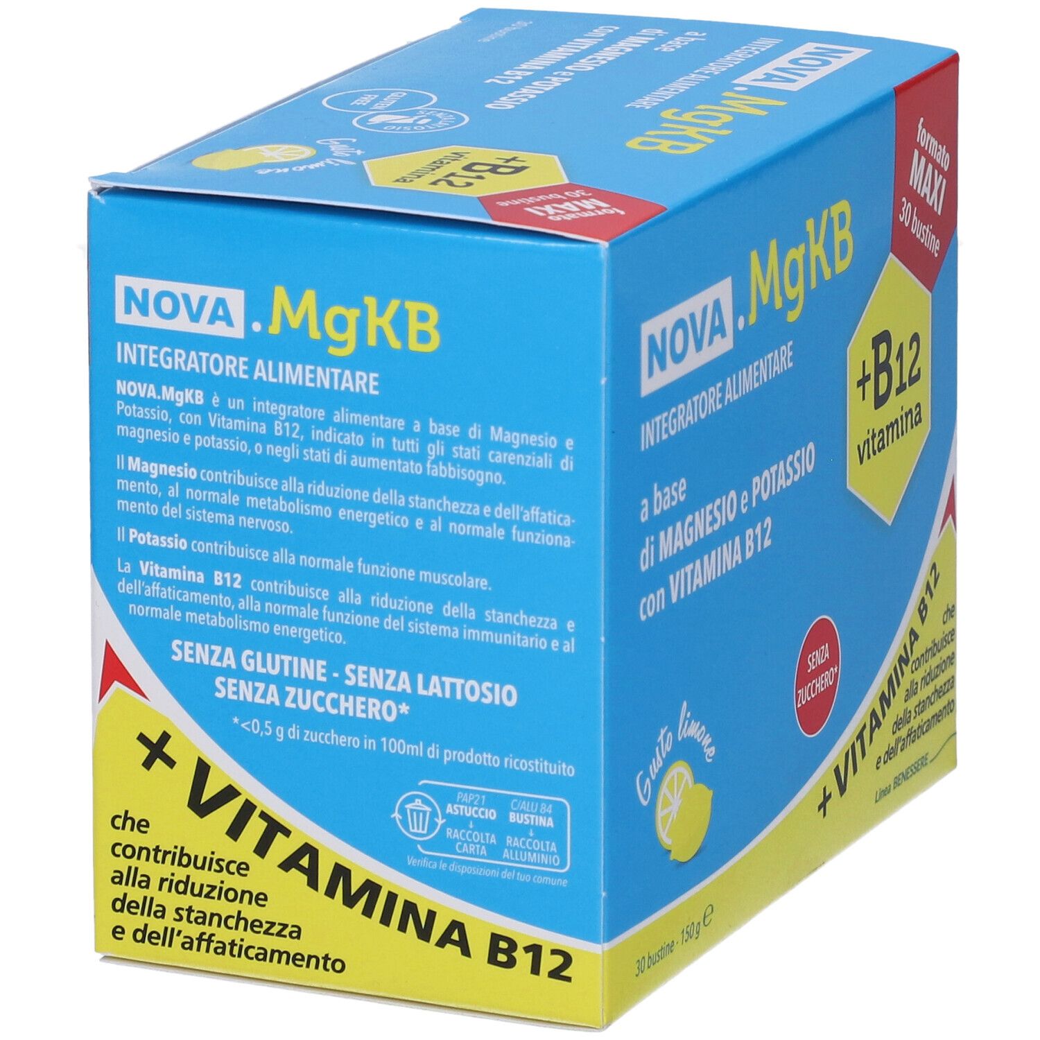 Blau-gelbe Schachtel NOVA.MgKB. Enthält 30 Beutel. Aufschrift: Magnesium, Kalium, Vitamin B12. Ohne Gluten, Laktose, Zucker.