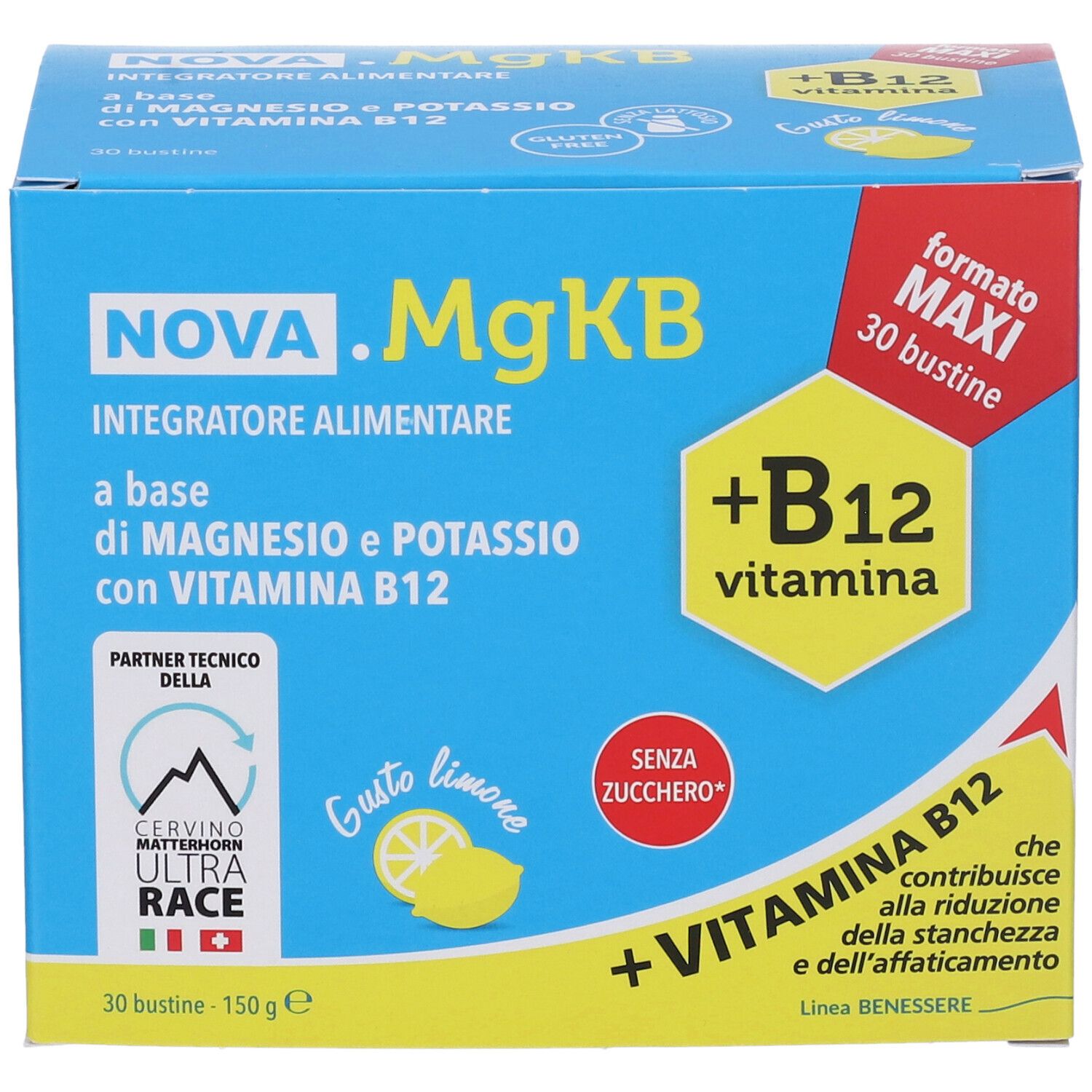 Blau-gelbe Schachtel NOVA.MgKB. Enthält 30 Beutel. Aufschrift: Magnesium, Kalium, Vitamin B12. Zitrone-Geschmack. Ohne Zucker.