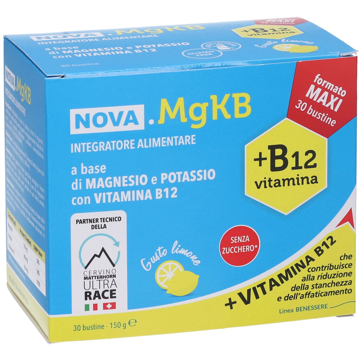 Blau-gelbe Schachtel NOVA.MgKB. Enthält 30 Beutel. Aufschrift: Magnesium, Kalium, Vitamin B12. Zitrone-Geschmack. Ohne Zucker.