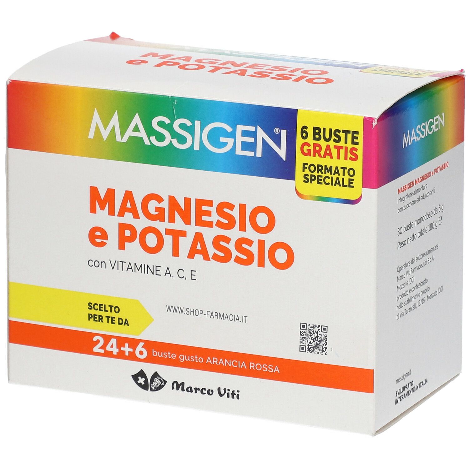 Confezione MASSIGEN Magnesio e Potassio, 24+6 bustine, vitamine A, C, E. Formato speciale. Scritto 'Marco Viti'.