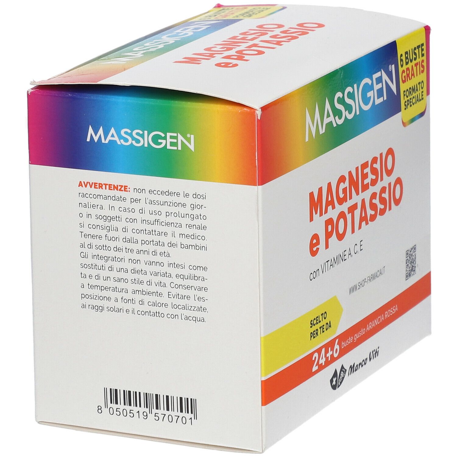 Confezione MASSIGEN Magnesio e Potassio, 24+6 bustine. Avvertenze e informazioni sul produttore. Codice a barre.