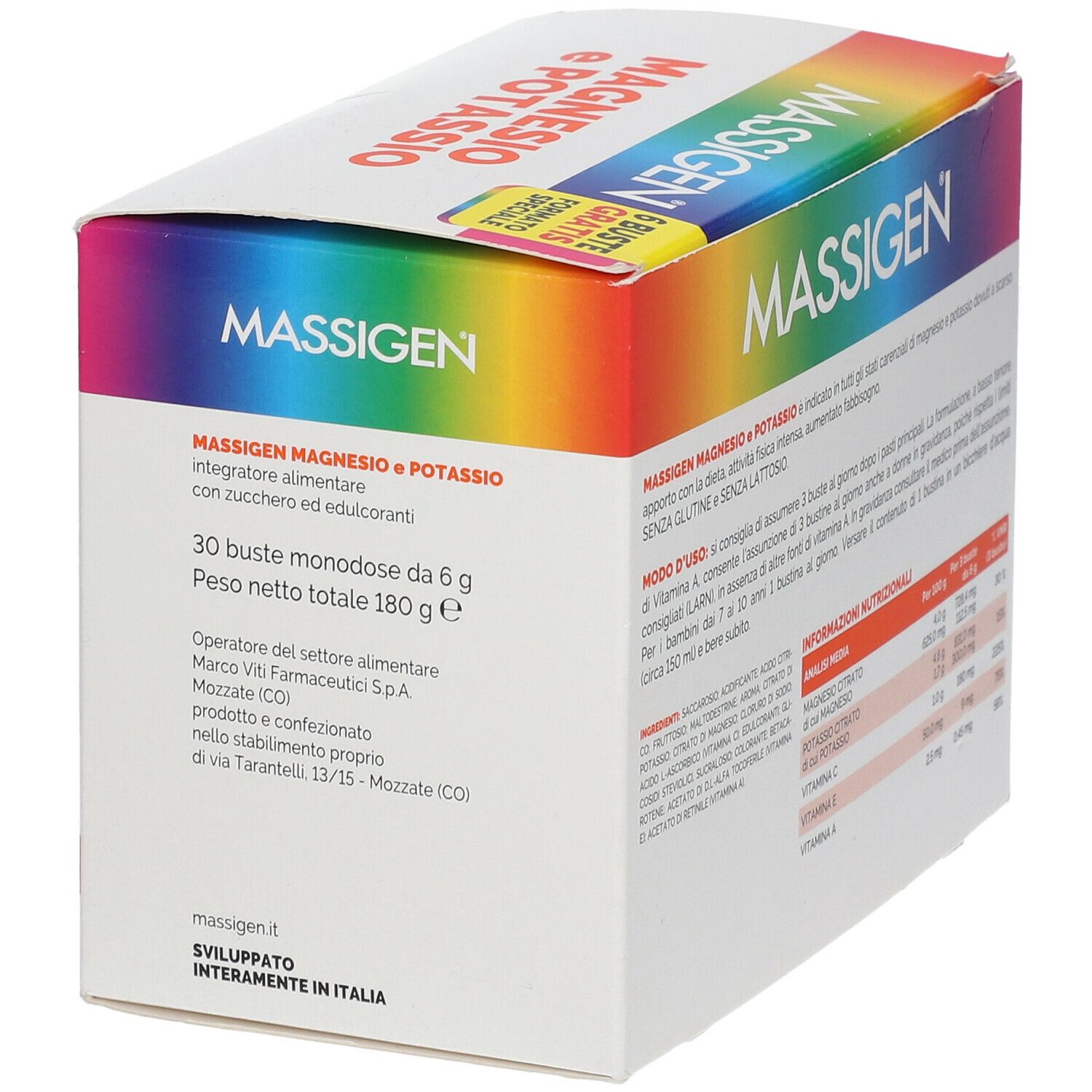 Confezione MASSIGEN Magnesio e Potassio, 30 bustine. Informazioni sul produttore e valori nutrizionali. Scritto 'Marco Viti'.