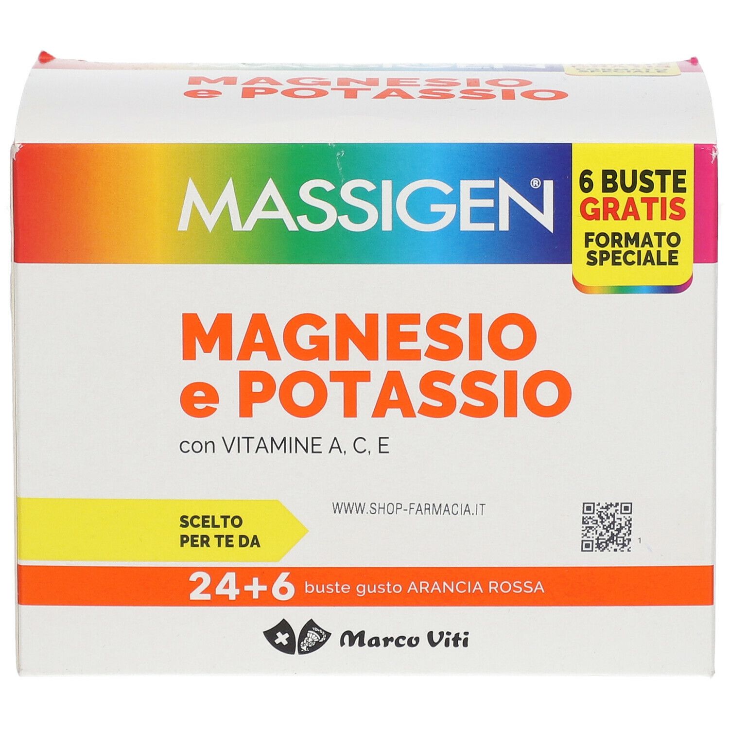Confezione MASSIGEN Magnesio e Potassio, 24+6 bustine. Formato speciale. Scritto 'Marco Viti'.