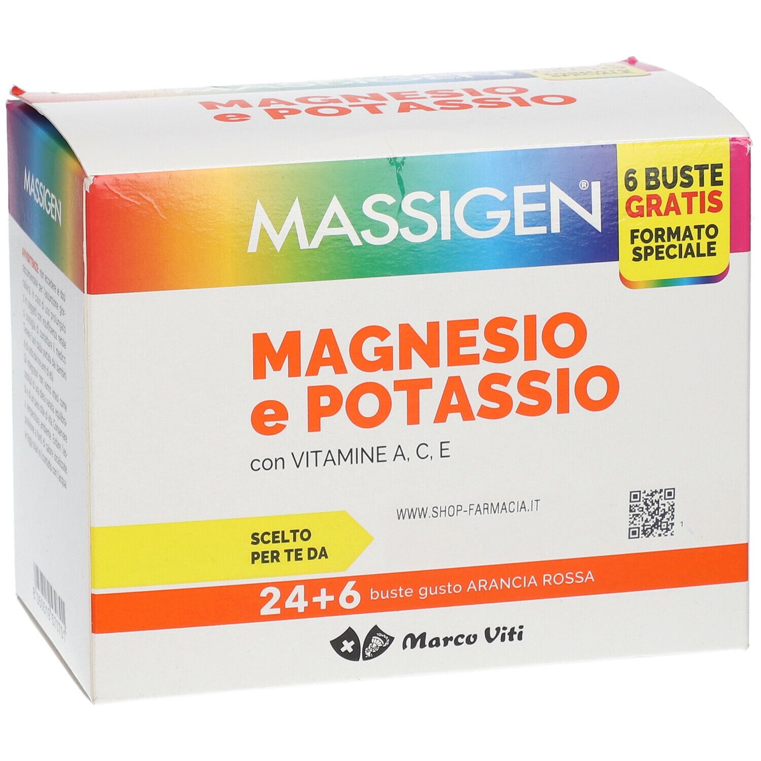 Confezione MASSIGEN Magnesio e Potassio, 24+6 bustine. Formato speciale. Scritto 'Marco Viti'.
